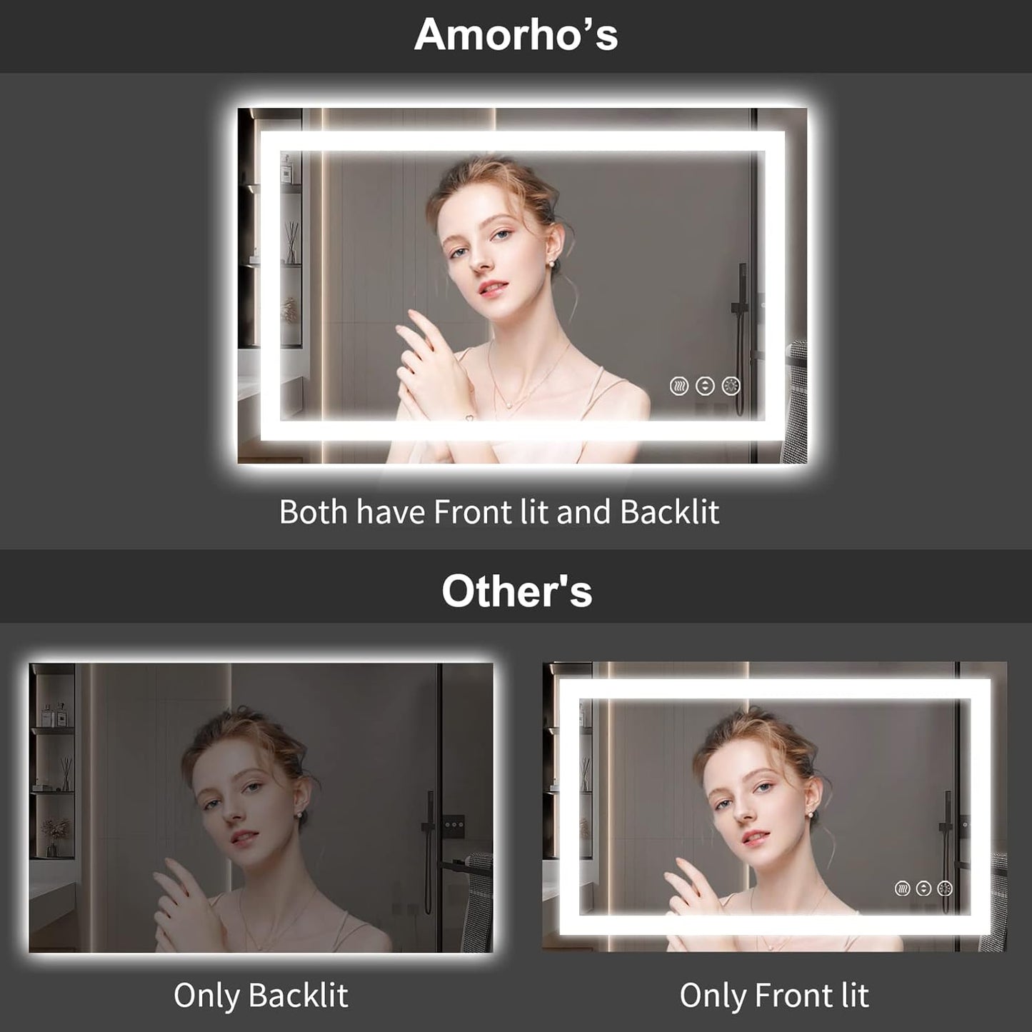 Amorho LED Bathroom Mirror 50" X32" with Front and Backlight, Stepless Dimmable Wall Mirrors with Anti-Fog, Shatter-Proof, Memory, 3 Colors, Double LED Vanity Mirror(Horizontal/Vertical)