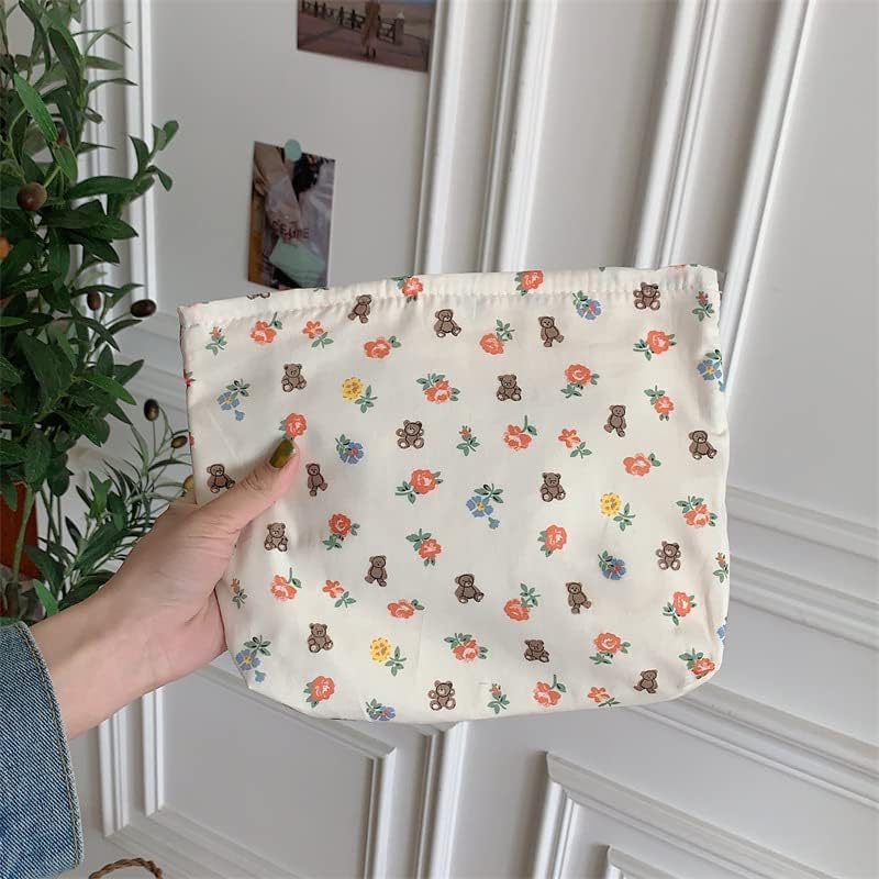PAZIMIIK Floral Makeup Bag Large Cotton Zipper Pouch for Purse Travel Canvas Make Up Organizer for Women Cosmetic,Flower Bear White