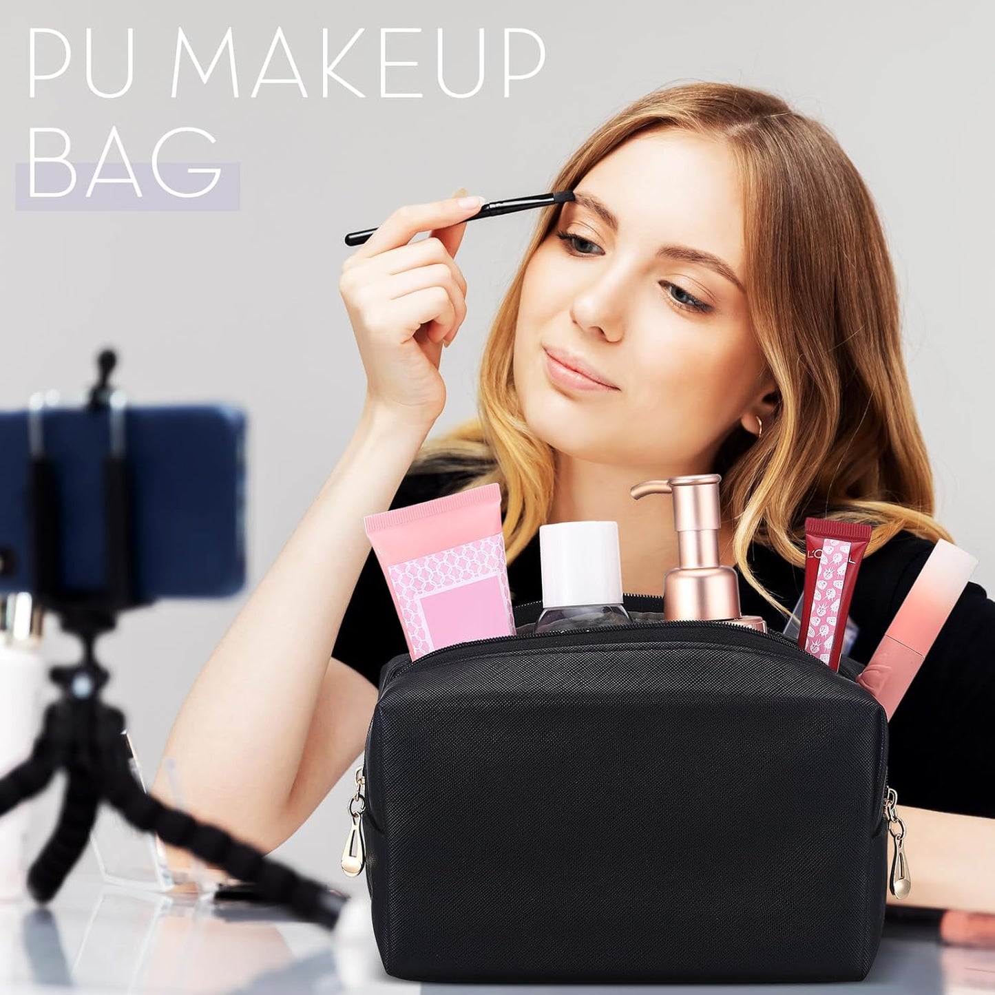 Kigeli 15 Pcs Aesthetic Makeup Bags PU Leather Cosmetic Pouches Waterproof Plain Toiletry Bags Makeup Pouches Bulk for Women Party Gift Travel Storage Organizer (Black)