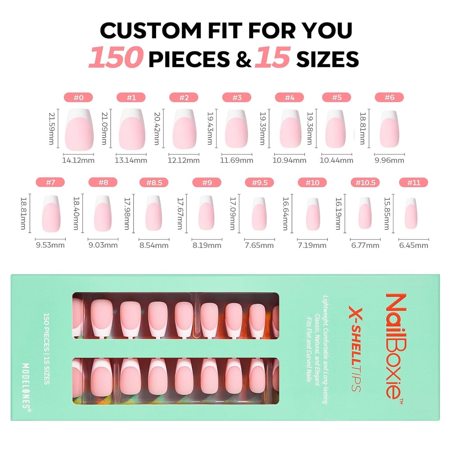 modelones French Tip Press on Nails, 150Pcs Short Coffin Fake Nails with Nail Box, Pink & White Gel Nail Tips for Women, Soft Glue-On Nails for Natural Salon Look, DIY Nail Art Kit (15 Sizes)