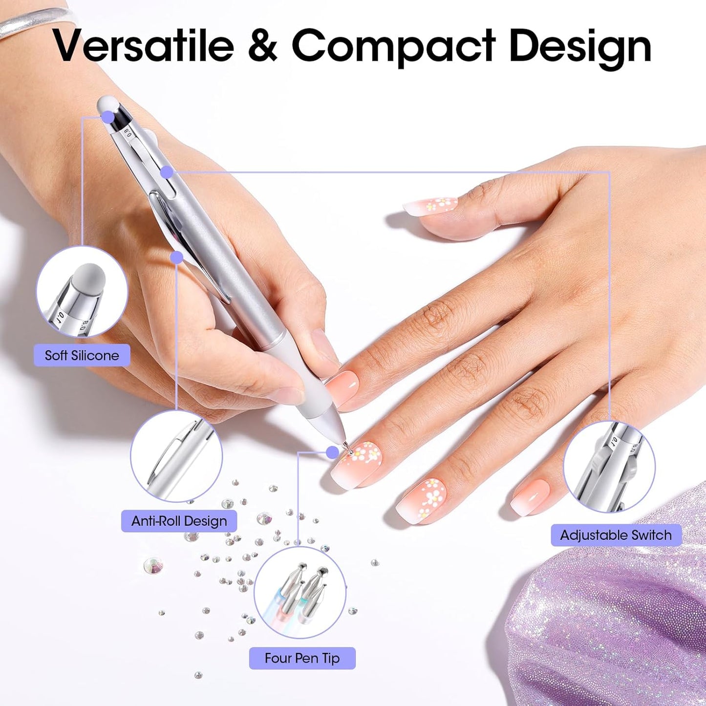 Gellen 5-in-1 Nail Dotting Pen with Ballpoint Pen Design & Nail Rhinestones, Double-end Nail Dotting Tools for Dotting, Gems, Gradient, Chrome Powder, DIY Manicure Home Salon Nail Art Tools
