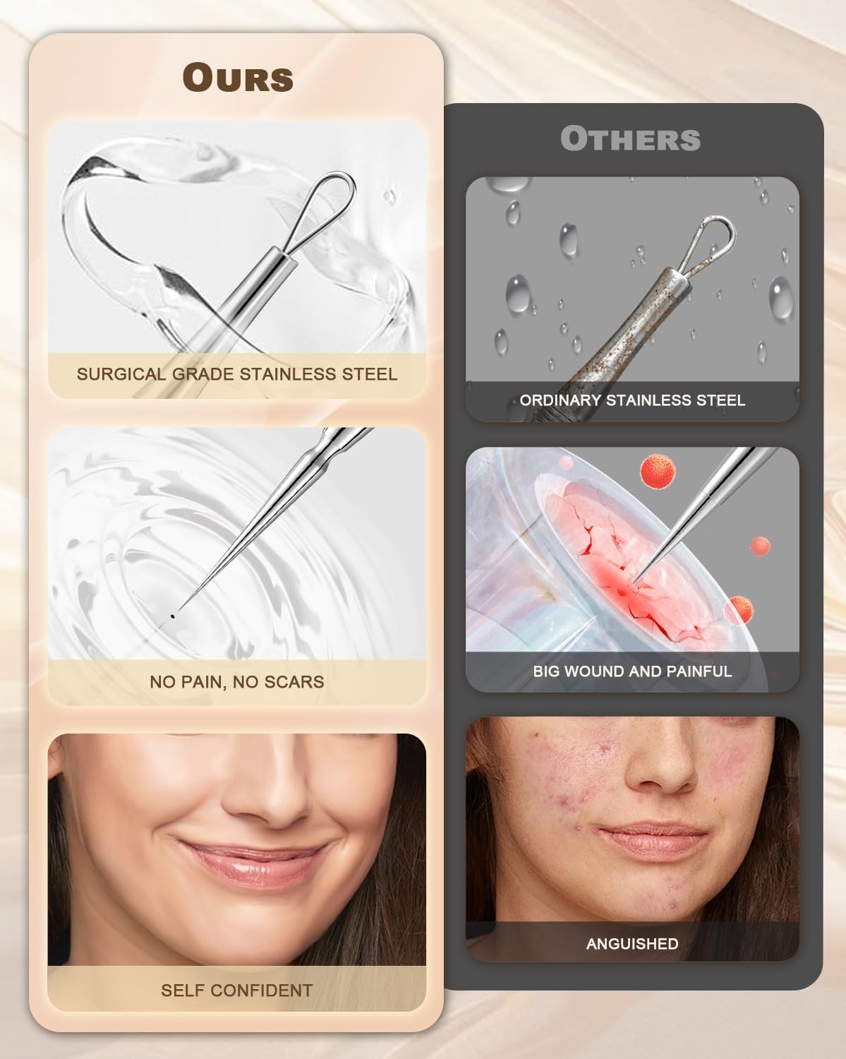 SGNEKOO Professional Facial Milia Removal Tool and Whitehead Extractor,Titanium Alloy Double Ended Needle and Steel Tweezers Kit,Blackhead,Blemish,Zit and Pimple Acne Remover Popper (Stainless Pink)