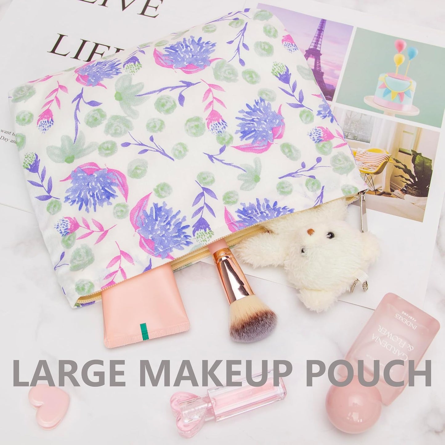 PAZIMIIK Makeup Bag Large Cotton Zipper Pouch for Purse Travel Canvas Make Up Organizer for Women Cosmetic,Galsang White