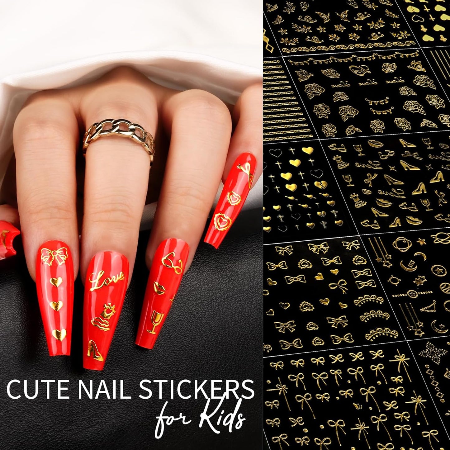 Teenitor 50 Sheets Nail Stickers for Nail Art, Nail Decals Gold Nail Stickers for Kids Women in Fall Winter Halloween Christmas, Nail Decorations