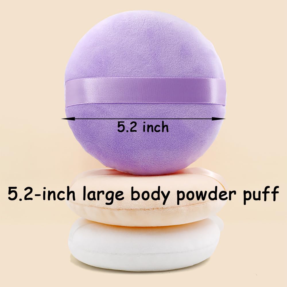 2 Pack Extra Large 5.2" Beige & Purple Powder Puffs and 5.3" Glass Container – Oversized Soft Body & Face Large Powder Puff Dusting Powder Jar Holder Case(Purple Glass)