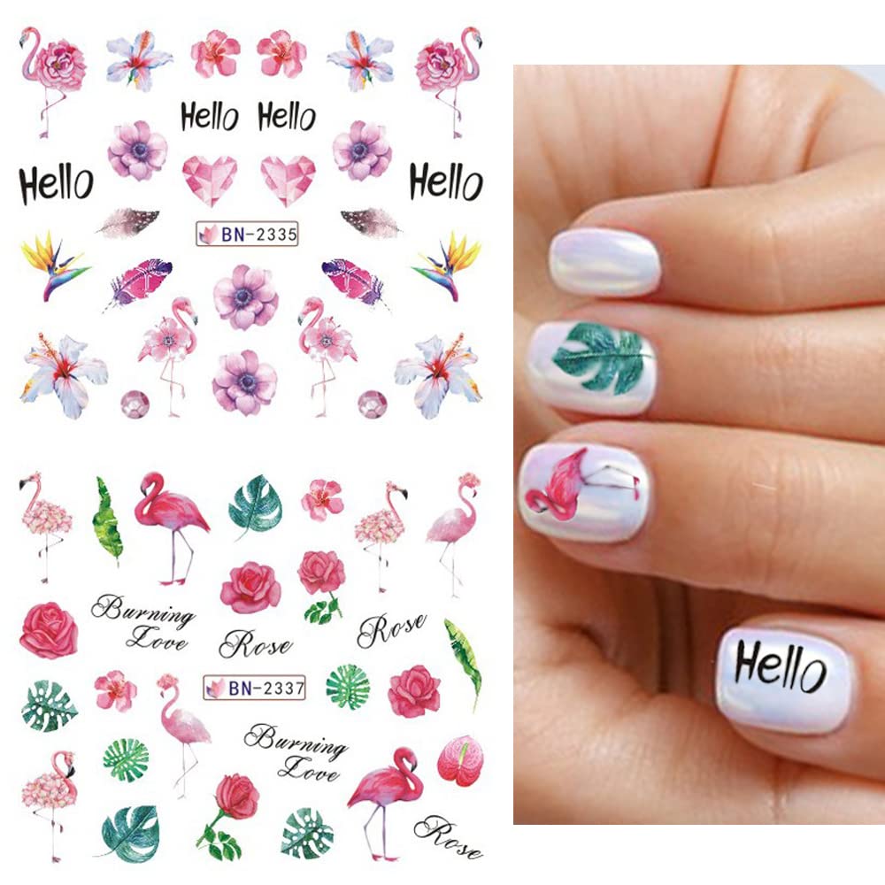 Flamingo Nail Art Stickers Water Transfer Nail Decals Summer Nail Art Decoration Palm Leaves Flowers Cactus Designs Acrylic Nail Stickers Manicure for Women DIY Nails 12 Sheets