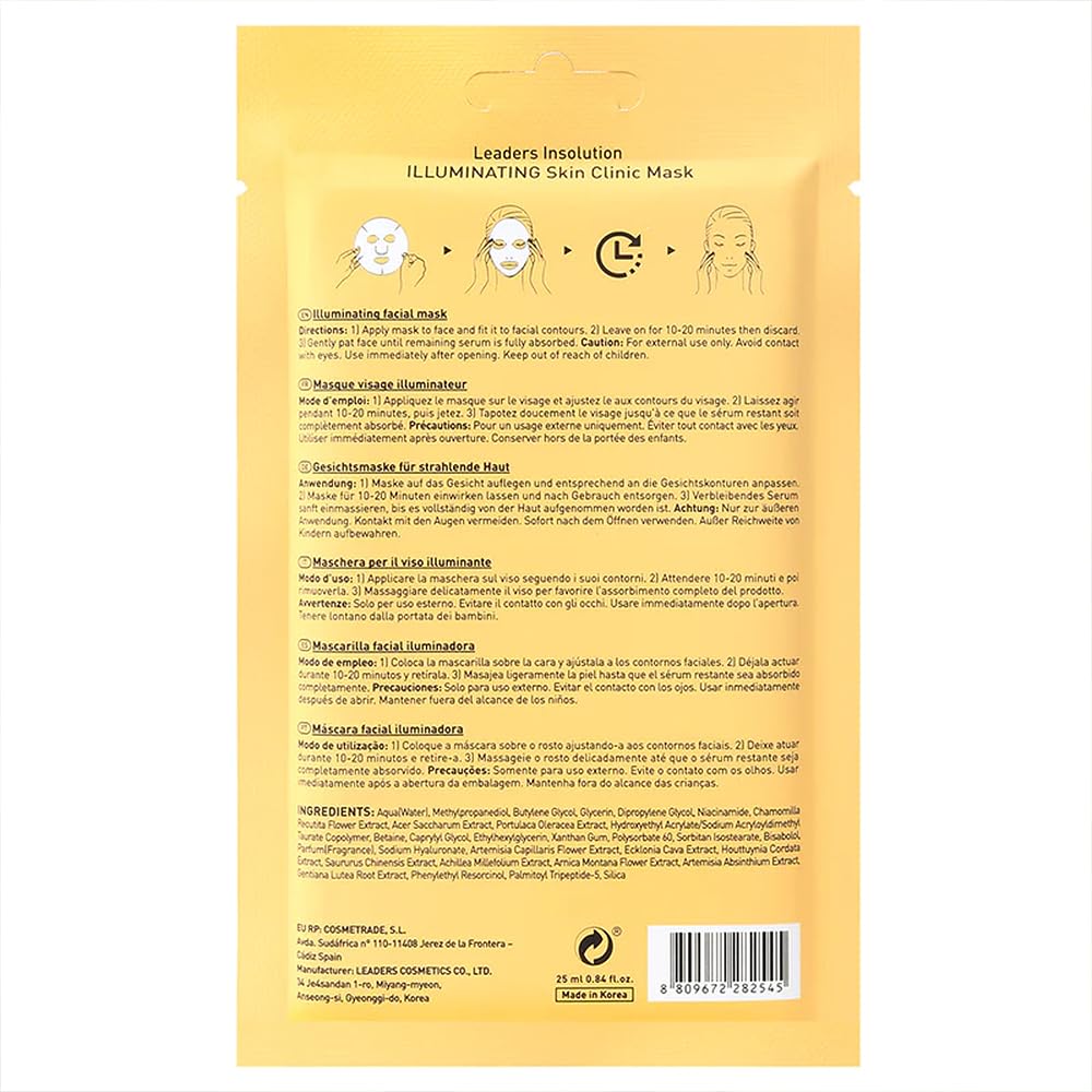 Leaders Insolution Illuminating Skin Clinic Mask | Omega-3 & Purslane Extract for Radiant Glow | Niacinamide Brightening Treatment | Even Skin Tone | 100% Natural Cotton (10 Sheets)