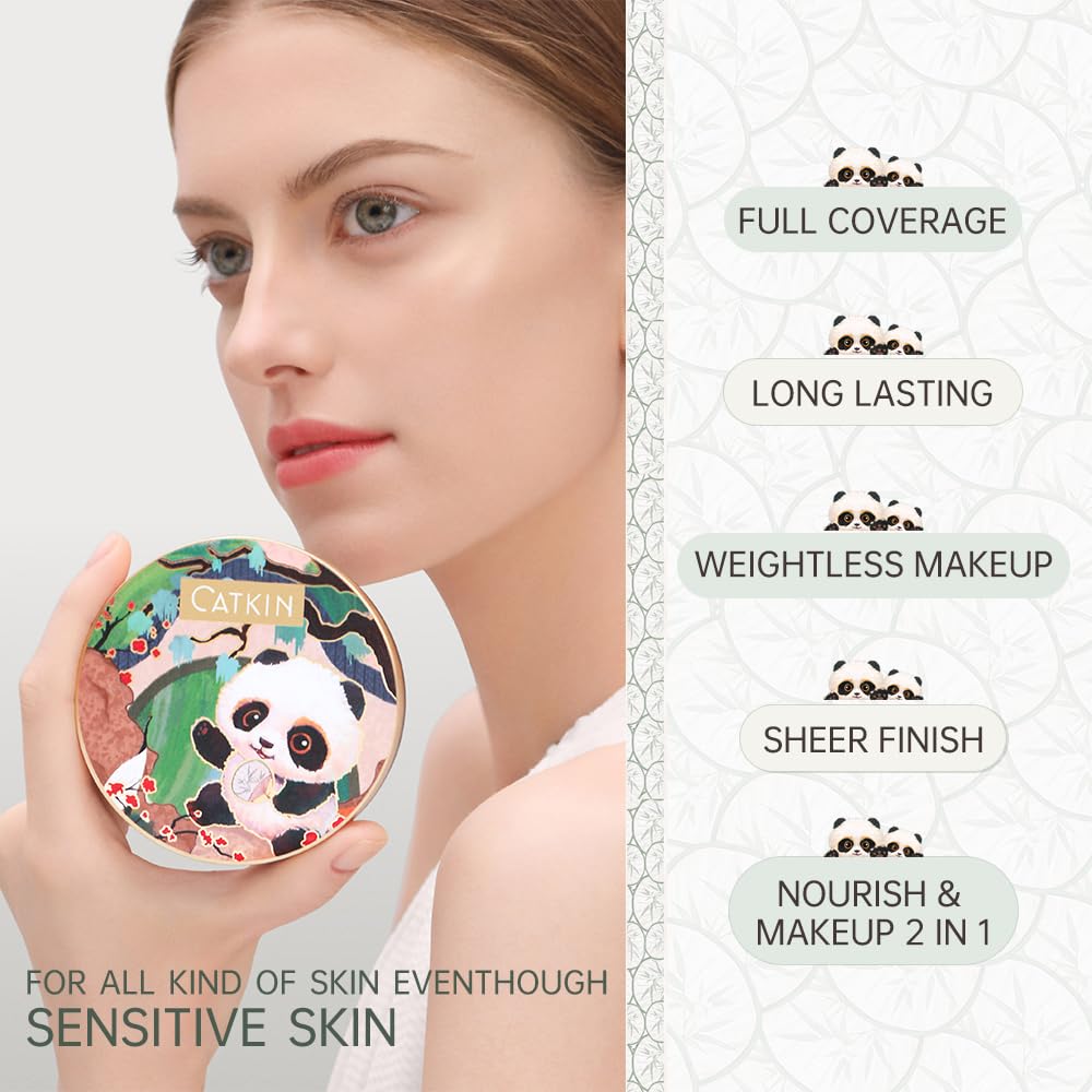 CATKIN Panda Land Full Coverage Cushion Fondation, Breathable Hydrating Nourishing Poreless Face Makeup Save for Sensitive Skin,Sheer Finish (W11 Light)