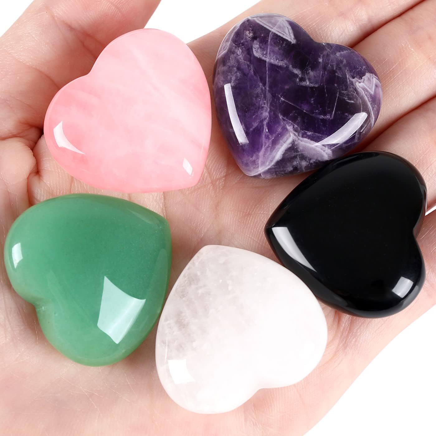 QINJIEJIE 5Pcs 1.2" Rose Quartz Heart Crystals Amethyst Healing Crystal Love Stone Polished Thumb Palm Natural Worry Gemstones Reiki Balancing