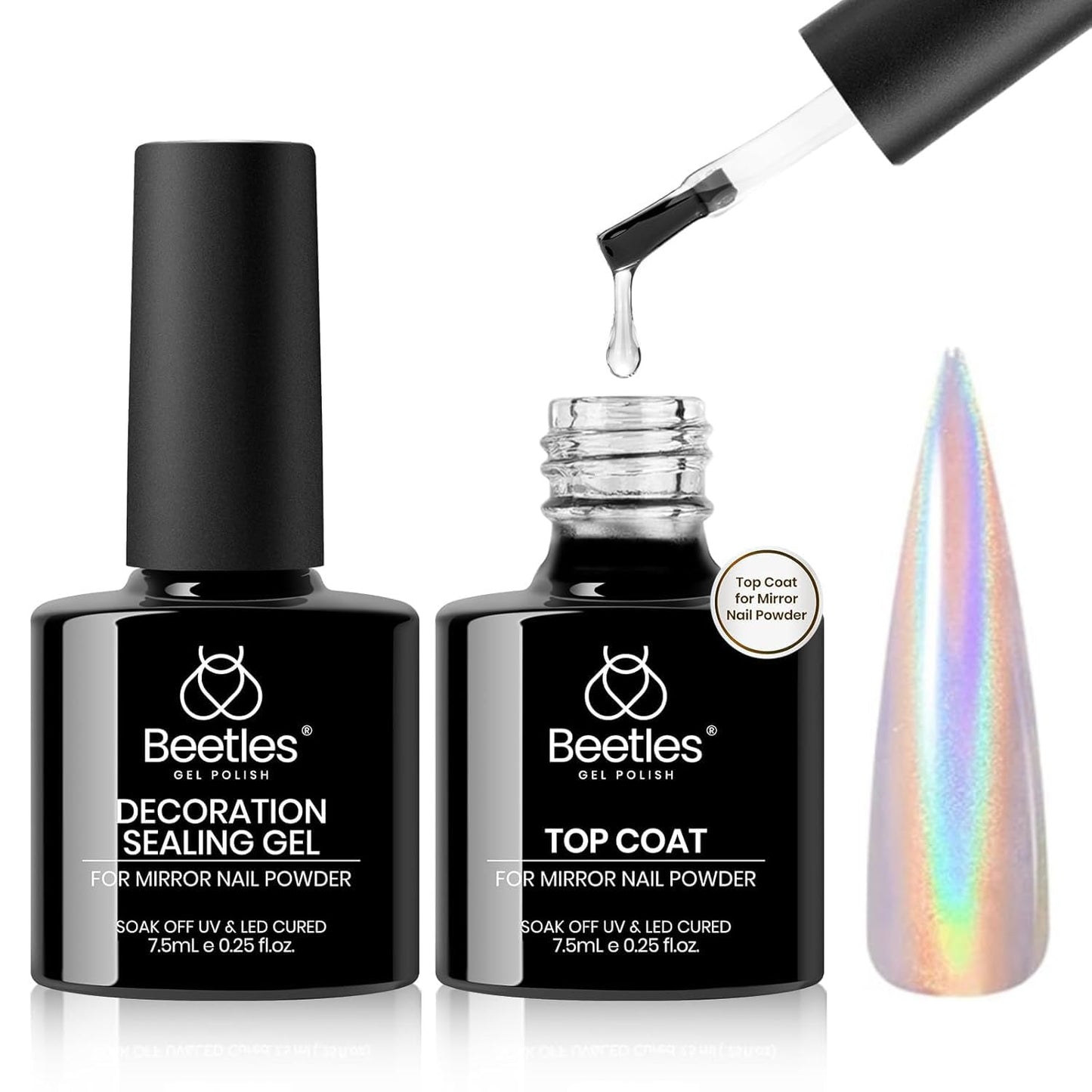 Beetles Chrome Top Coat Gel Nail Polish and Decoration Sealing Gel, 7.5ml*2PCS Chrome Nail Powder Shine Finish and Long Lasting, Soak Off LED U v Lamp Nail Art Design Diy at Home