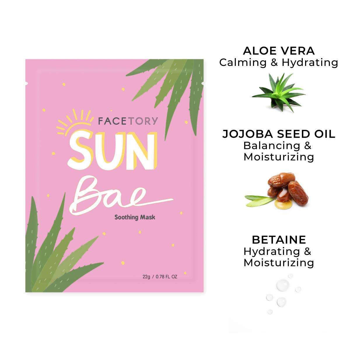 FACETORY K Beauty Face Mask Skin Care - SUN BAE SOOTHING Sheet Mask with Aloe & Shea Butter | After Sun Care, Soothe & Restore (5 Pack)