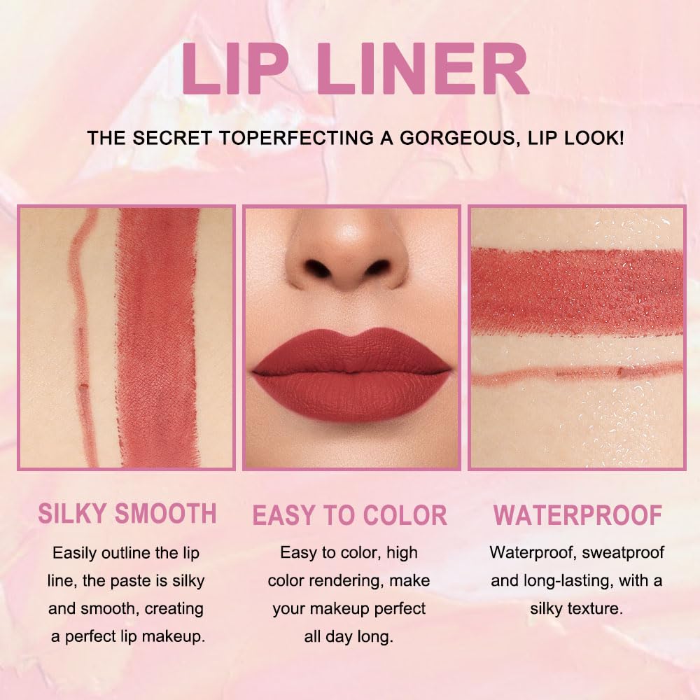 Kaely 2-in-1 Light Brown Lip Liner & Lipstick Set Kit for Women, Matte Lips Kit with Lip Liner Lip Stains Long Lasting Waterproof 24 Hour Lipstick and Lip Liners Combo Lipliners Pencil Set 10