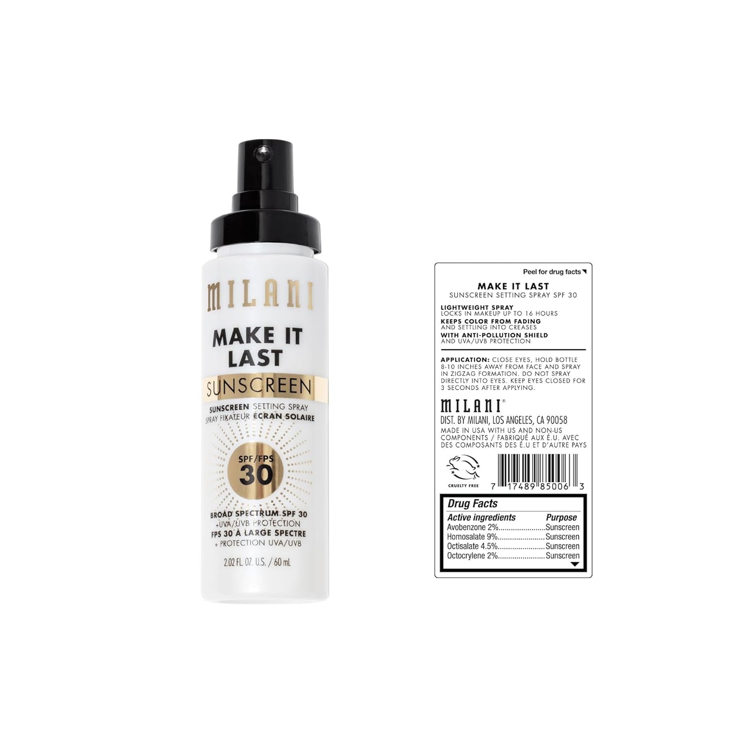 Milani Sunscreen Setting Spray + Primer, Make It Last Sunscreen for Face- SPF 30 UVA & UVB Protection Antioxidant Rich Formula for Broad Spectrum Protection, Prime + Set + Protect, 2.02Fl. Oz