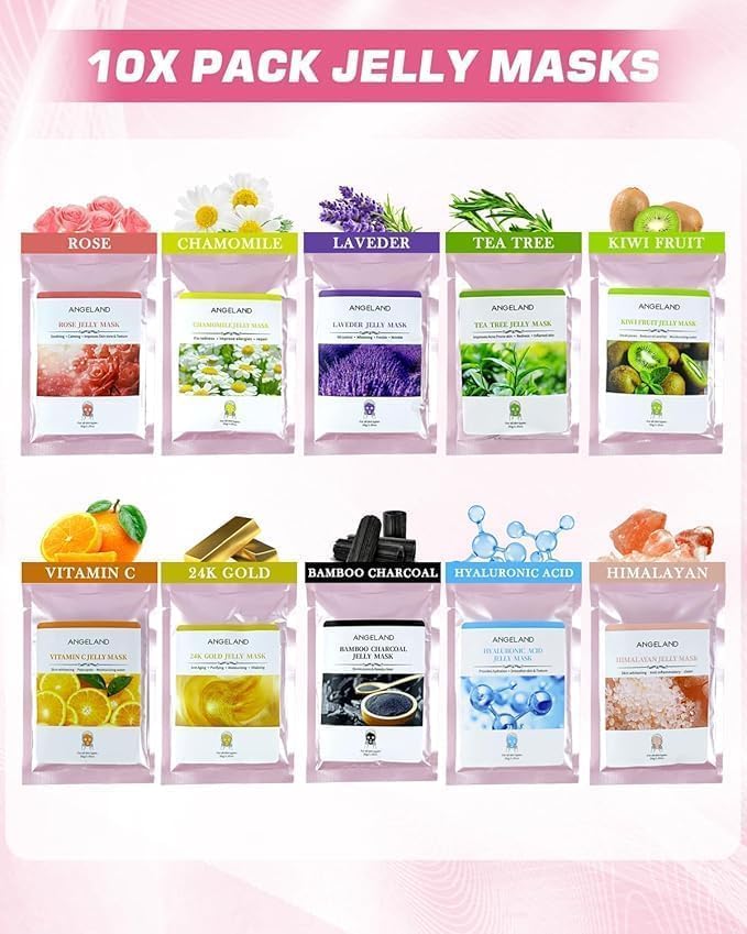 Jelly Mask for Facials Professional Natural Gel Masks - 10 Flavors Hydrating & Moisturizing Jelly Face Masks, Rose Hyaluronic Acid 24K Gold VC, Jelly Facial Mask with Jade Roller & Spatula Spa Use