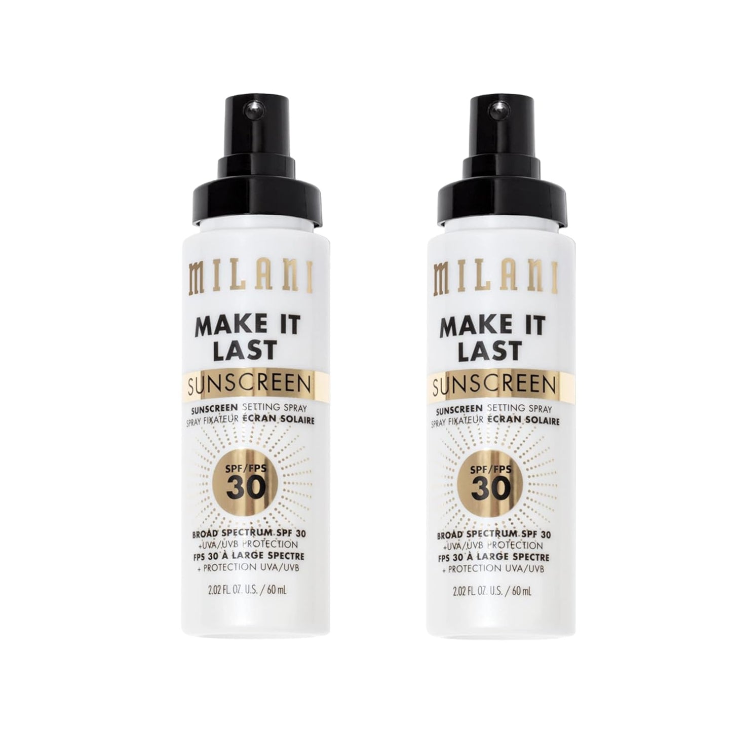 Milani Sunscreen Setting Spray + Primer, Make It Last Sunscreen for Face- SPF 30 UVA & UVB Protection Antioxidant Rich Formula for Broad Spectrum Protection, Prime + Set + Protect, 2.02Fl. Oz - 2 Pack