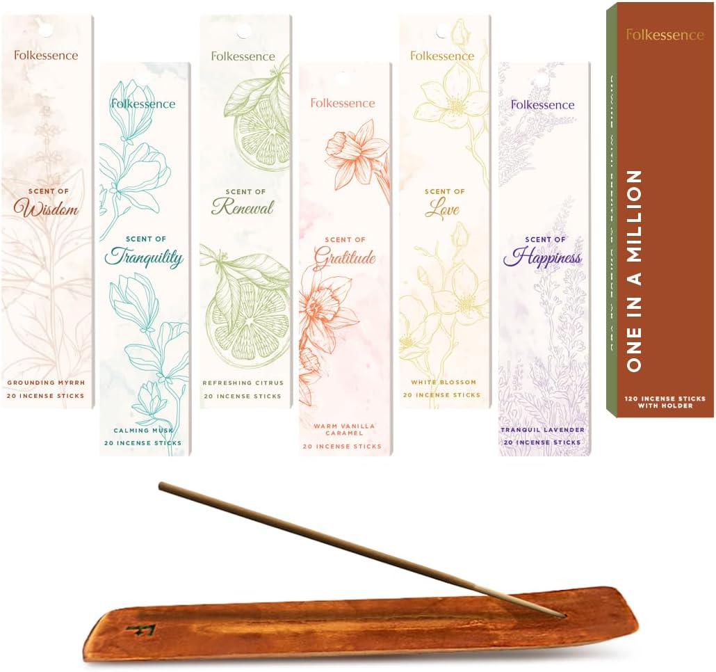 Folkulture Incense Stick with Holder | Set of 6 (120 Fall Insence-Sticks) with 45 Min Burn Time | Non Toxic Myrrh & Lavender Inscents-Stick | Organic Citrus Fall Scents, Vanilla Caramel Incienso