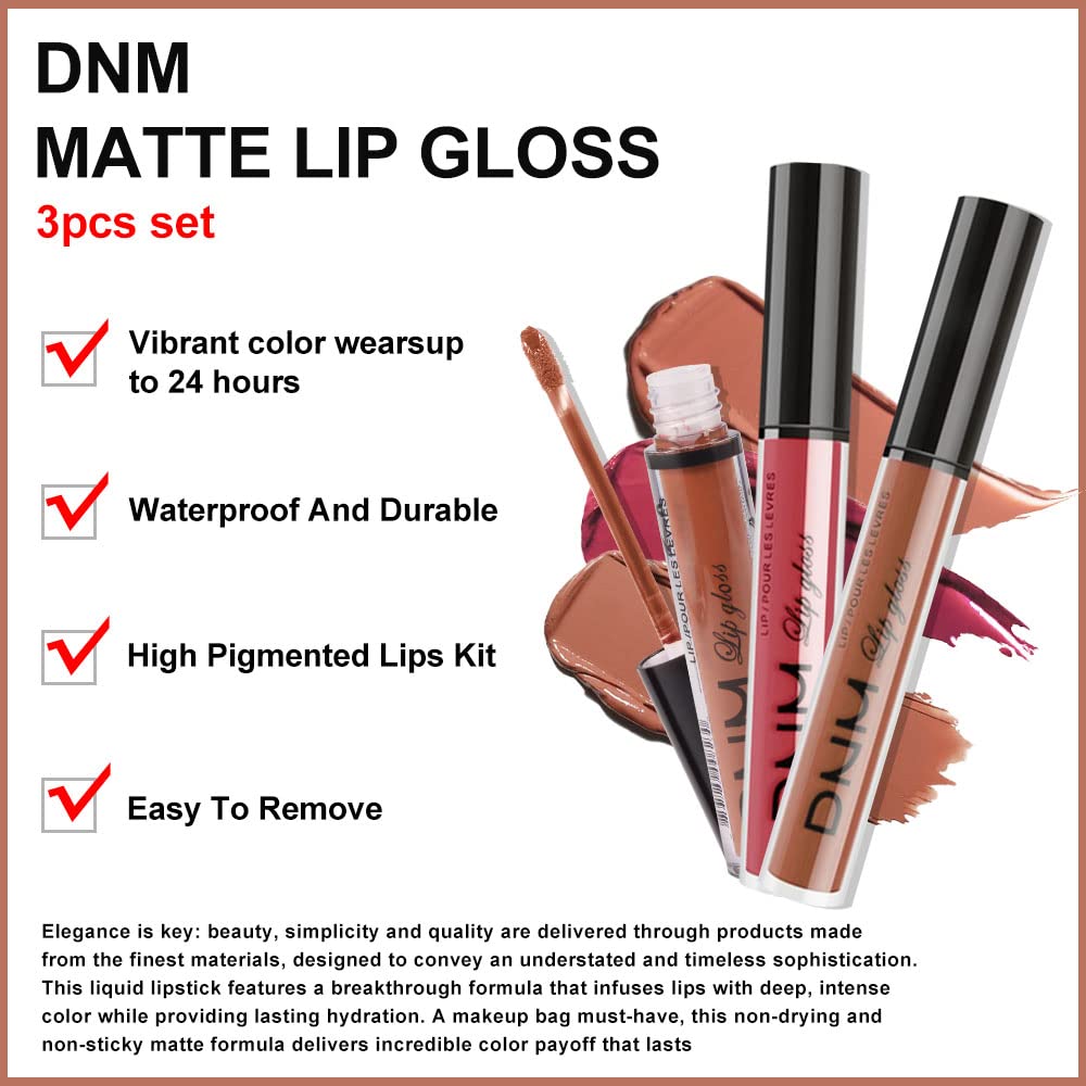 evpct 3Pcs Nude Brown Rose Pink Dark Matte Liquid Lipstick Makeup Sets for Dark Skin Black Women, Permanent Lip Stain Set Long Lasting Lipstick 24 Hours Waterproof labiales mate 24 horas originales 09