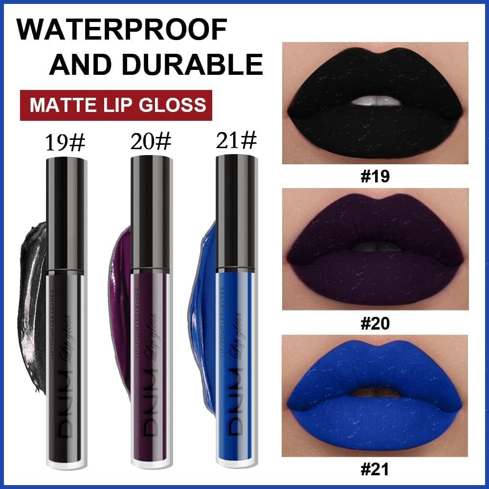 evpct 3Pcs Dark Black Purple Blue Matte Liquid Lipstick Halloween for Women Long Lasting Smudge Proof Black 24 Hours Original Lip Liner and Lipstick Stain Makeup Set labial mate larga duracion 24