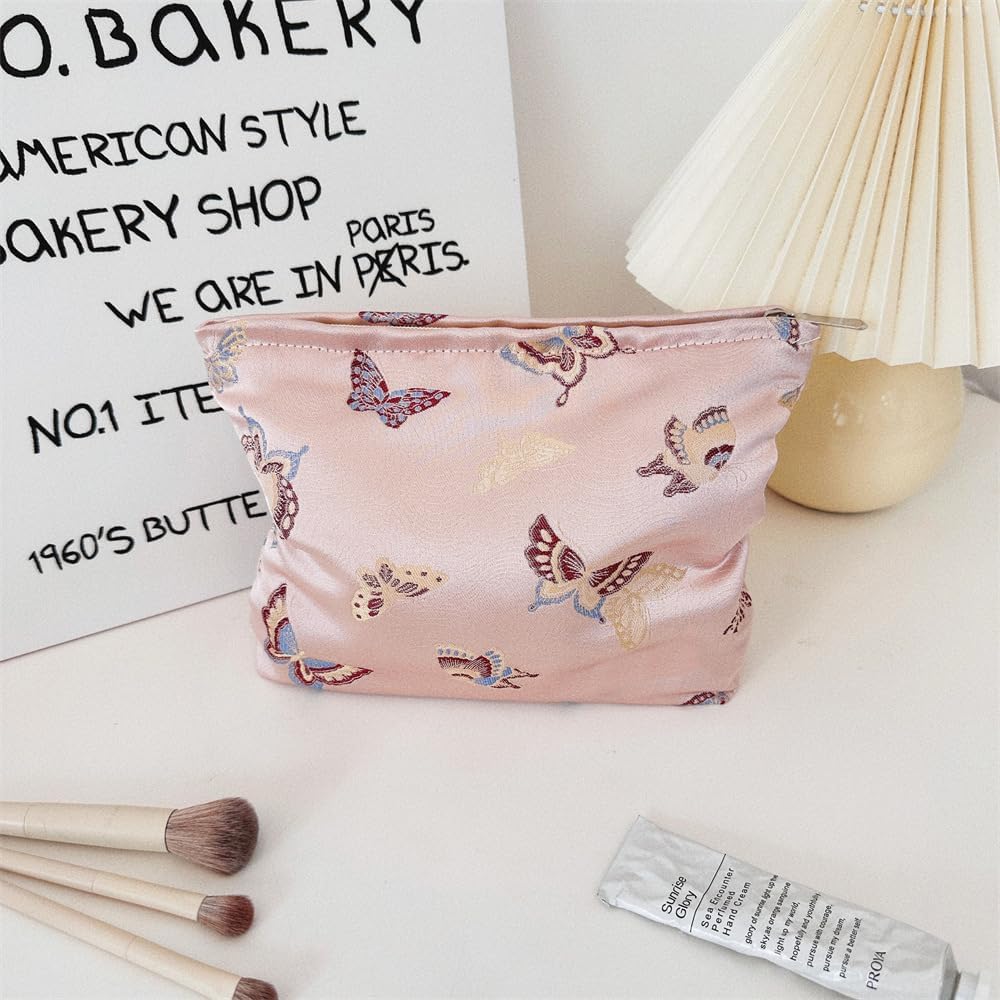 Makeup Bag Large Cotton Zipper Pouch for Purse Travel Canvas Make Up Organizer for Women Cosmetic,Butterfly Pink