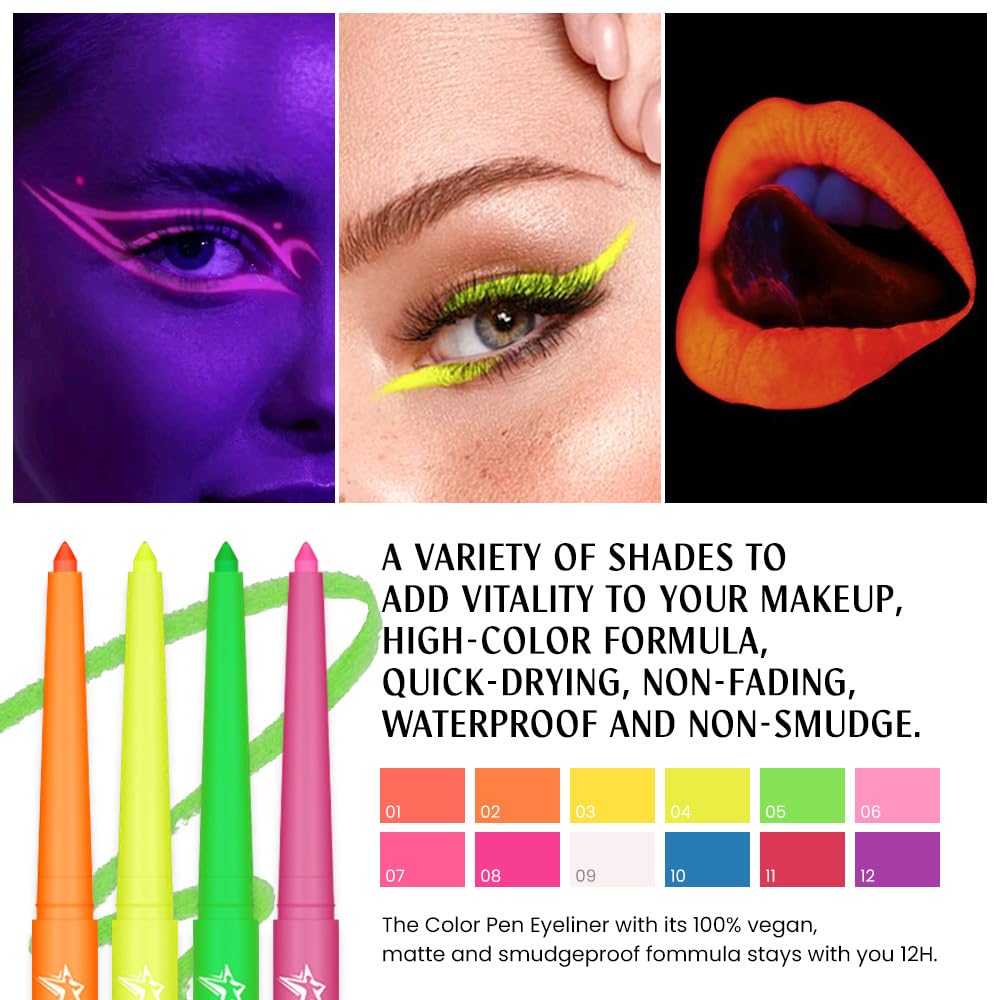 evpct 12 Colors UV Neon Gel Eyeliner Pencil Makeup Set Kit, Rainbow Halloween Colored Colorful Gel Eyeliners Pen Glow in Dark, Waterproof Long Lasting for Painting Delineador de ojos líquido de neón