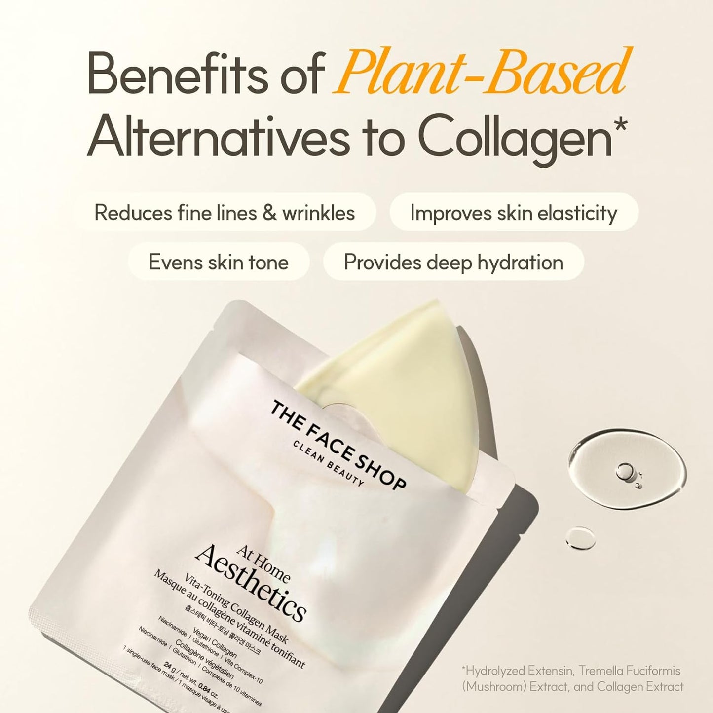 THE FACE SHOP Vita-Toning Vegan Collagen Face Mask, Korean Glass Skin Essential, Hydrogel Mask for Moisturizing & Skin Elasticity, Improves Uneven Tone, 4EA