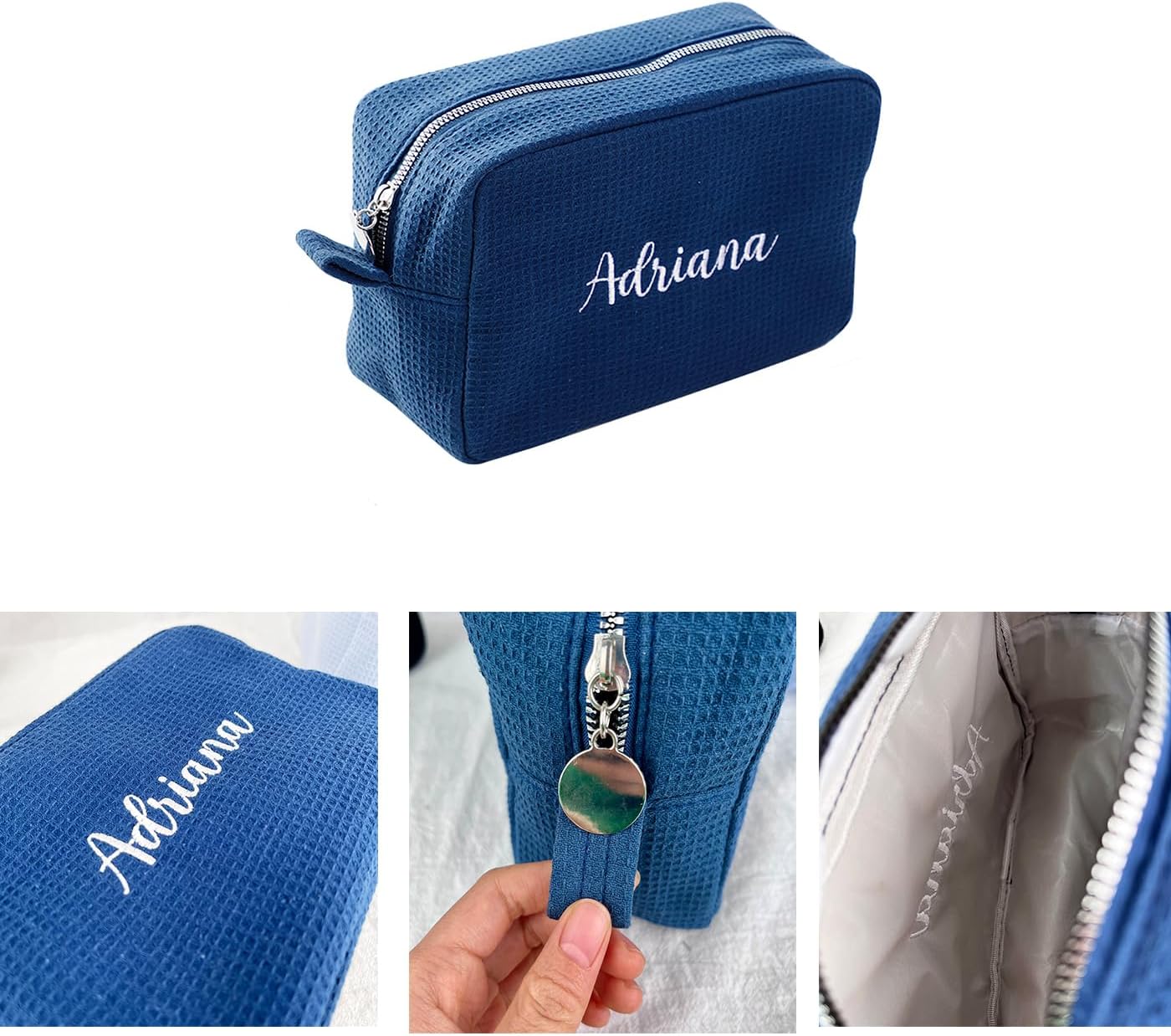 GOPHIE Personalized Embroidered Makeup Bag,Custom Waffle Fabric Cosmetic Pouch for Women, Travel Makeup Pouch (6, Navy Blue)