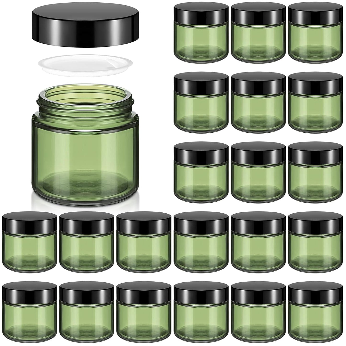 Domensi 32 Pcs 2 oz Glass Jars with Lids Travel Size Round Leakproof Empty Cosmetic Jars with Inner Liners Lid for Storing Makeup Lotions Face Cream Ointments Candle DIY Making (Olive Green)