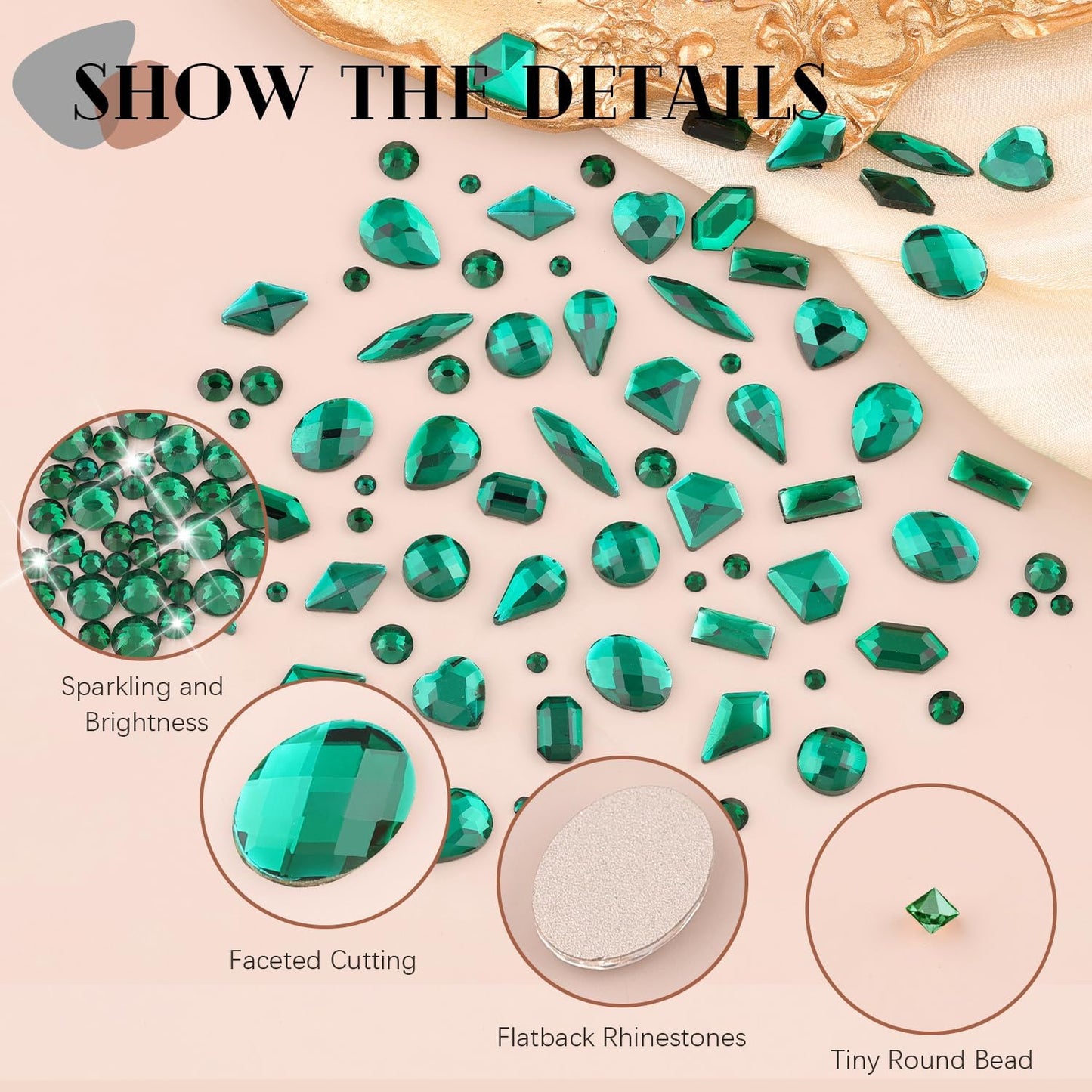 2680Pcs Emerald Green Glass Nail Rhinestones 120Pcs Multi Shapes Flatback Nail Gems + 2560Pcs 1.5-4mm Round Crystal, Manicure Nail Charms Diamond Gemstone for Acrylic Nails Decoration