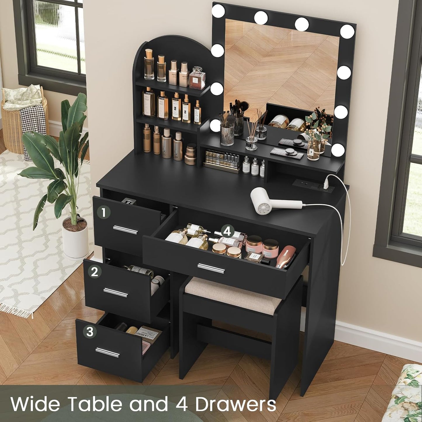 Quimoo Makeup Vanity with 10 Light Bulbs and Charging Station, Vanity Desk with Lighted Mirror & 4 Drawers, Vanity Table Set with Cushioned Stool, Black