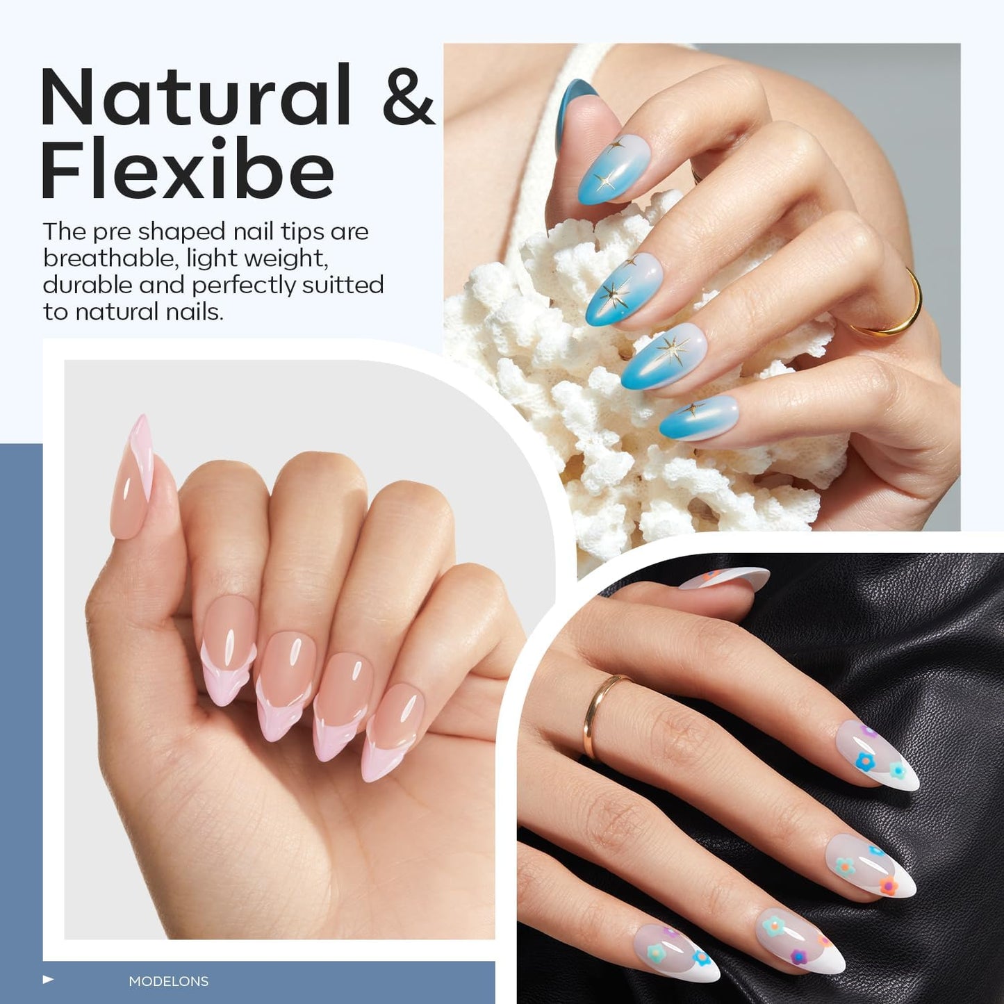 modelones Medium Almond Gel Nail Tips Kit, 9-in-One Nail Glue with Portable U V Lamp 216Pcs 12Sizes Pre-Etched Press ons Fake Acrylic Extension Kit DIY Salon Gift for Women