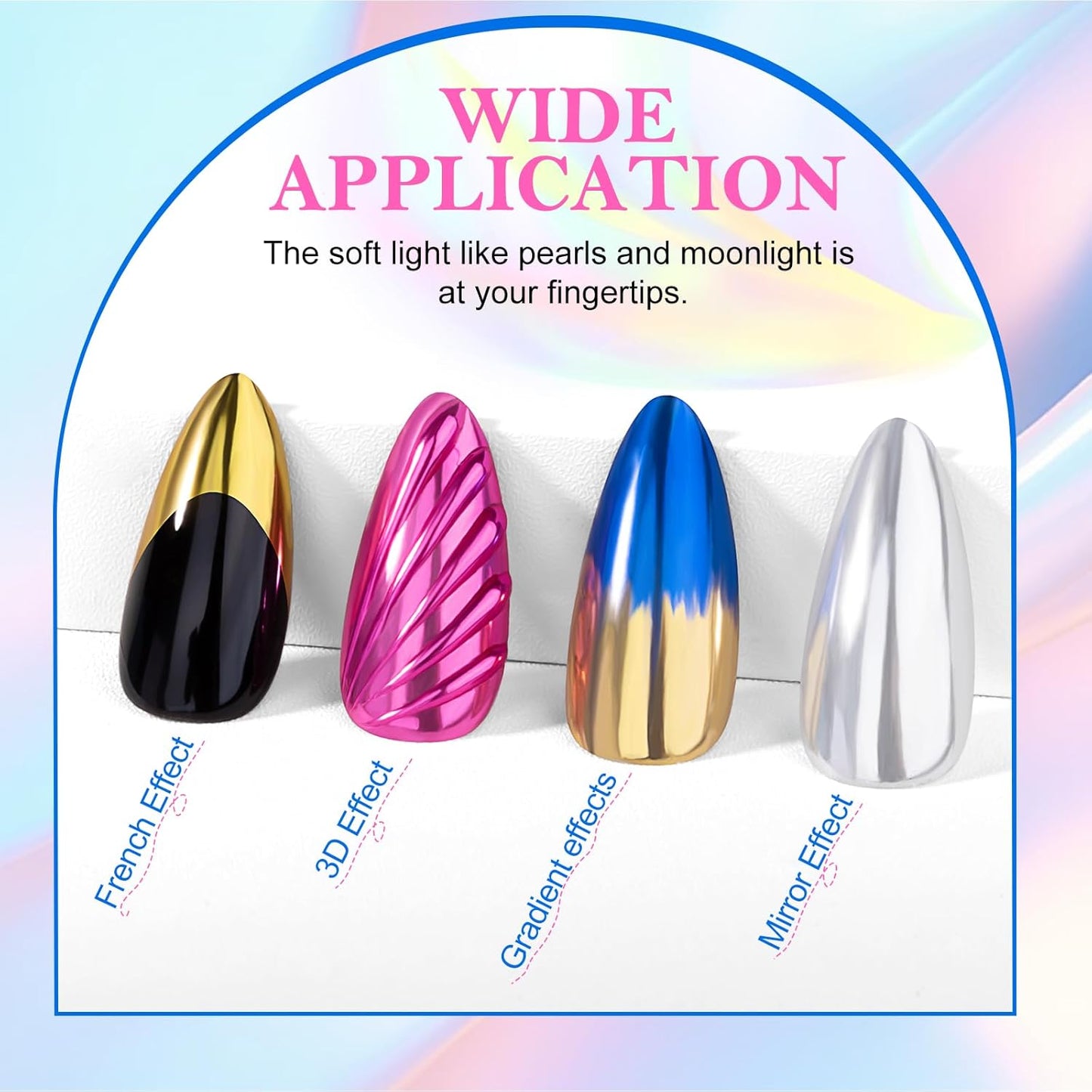 NXJ INFILILA Gold Silver Chrome Nail Powder, 4 Classic Colors Mirror Effect - Gold, Silver, Pink, Blue, Metallic Magnetic Glitter Polish Powder Pallete for Gel Nails, DIY Manicure Art Supplies Kit