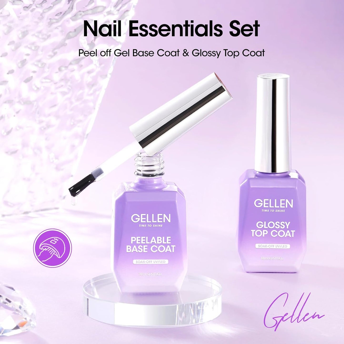 GELLEN Peel Off Gel Base Coat and Top Coat Set, Peelable Base Gel without Soaking, Clear Top Coat Nail Polish, UV LED Lamp Needed, Home DIY Nail Art Manicure Set