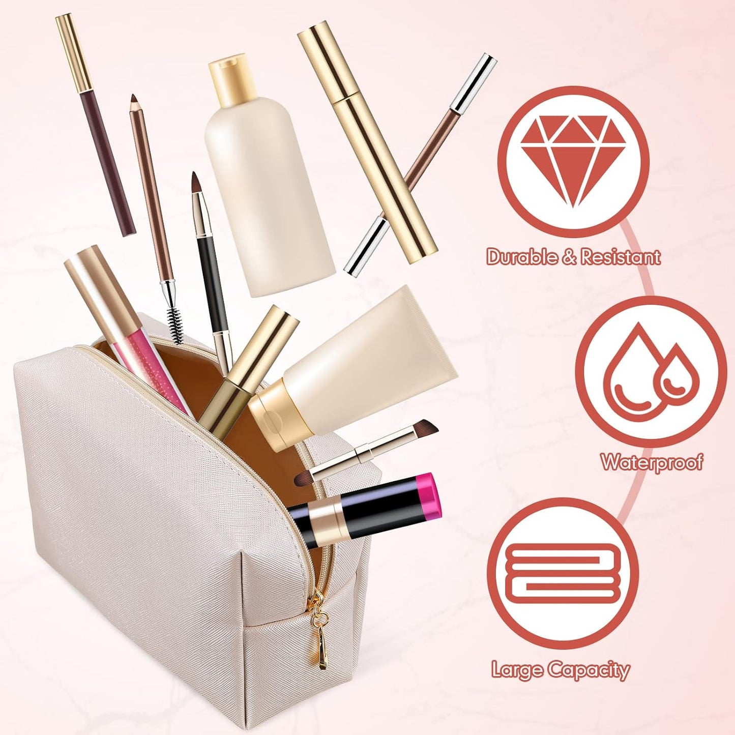 Kigeli 15 Pcs Aesthetic Makeup Bags PU Leather Cosmetic Pouches Waterproof Plain Toiletry Bags Makeup Pouches Bulk for Women Party Gift Travel Storage Organizer(Ivory White)