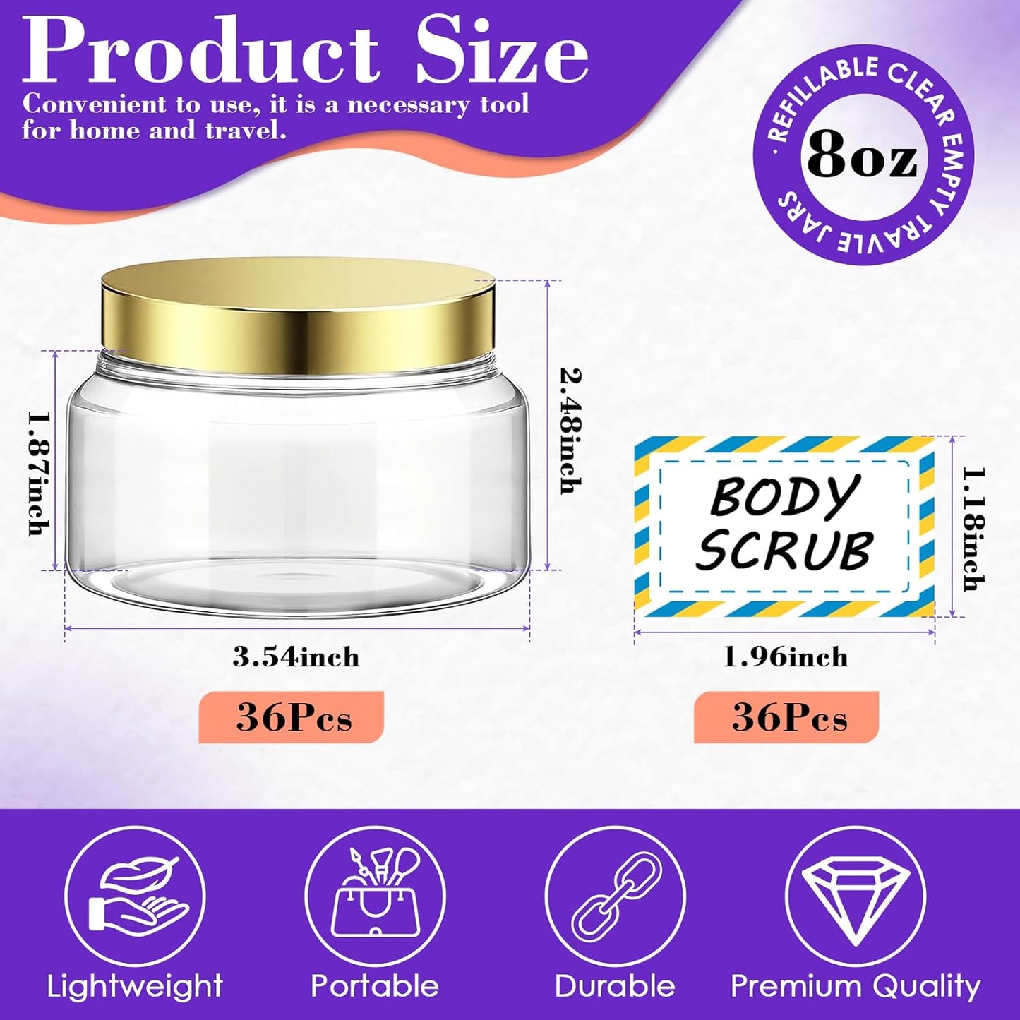 36 Pack 8 oz Amber Plastic Cosmetic Containers With Lids Refillable Clear Empty Travle Jars Containers for Body Butter,Sugar Scrubs,Cream,Lotions,Candy, Waterproof Label&Spatulas - (Black Lid)