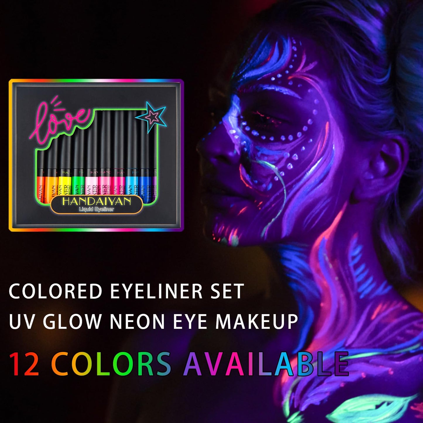 12 Colors Matte Liquid Eyeliner Set UV Glow Rainbow Colorful Neon Eyeliner Pencil Pigmented Waterproof Smudgeproof Long Lasting Gel Eye Liner Eye Makeup Kit for Women