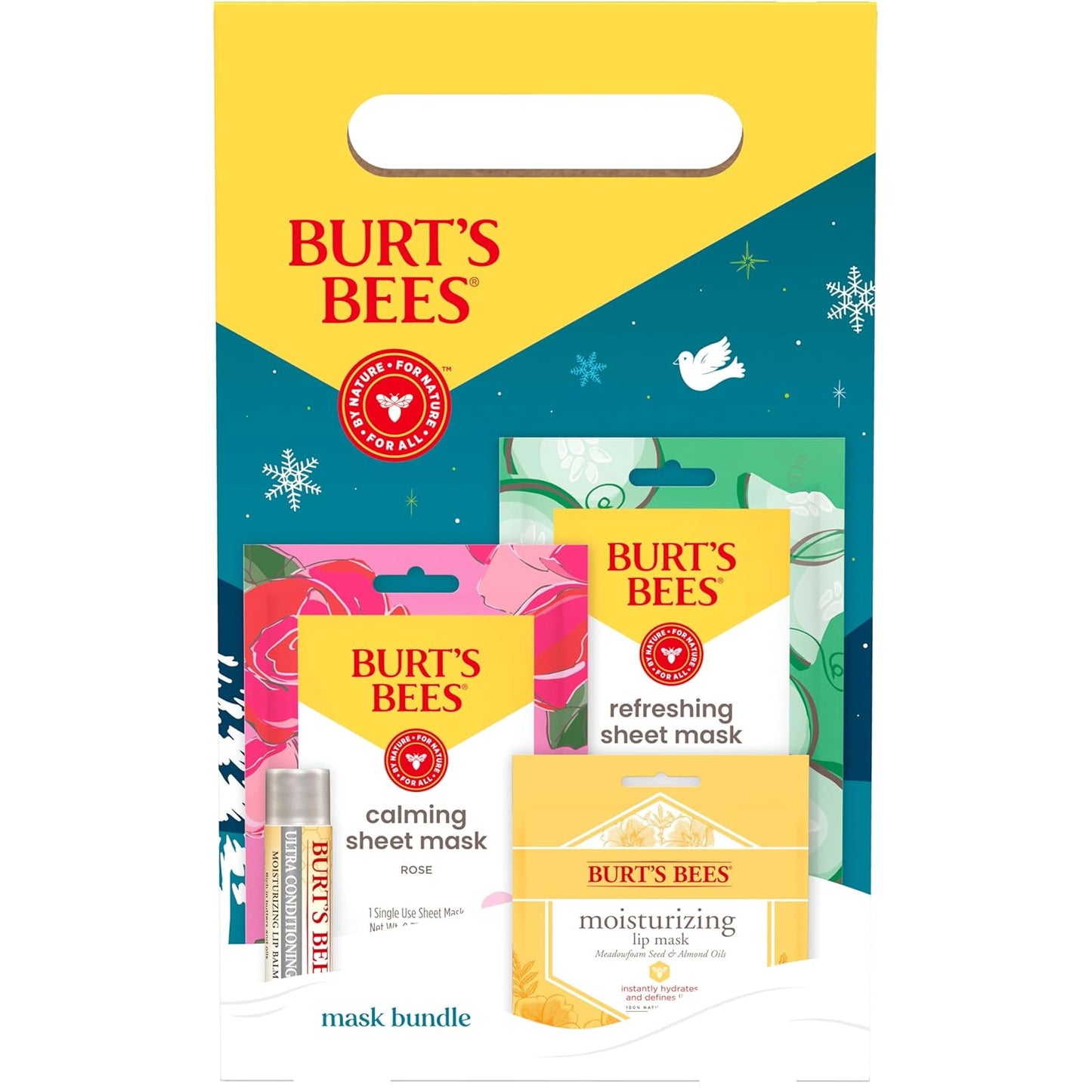 Burt’s Bees Mask Bundle Gift Set; , Ultra Conditioning Lip Balm and Moisturizing Lip, Refreshing Sheet and Calming Sheet Masks; Festive Packaging; 1 Gift Set