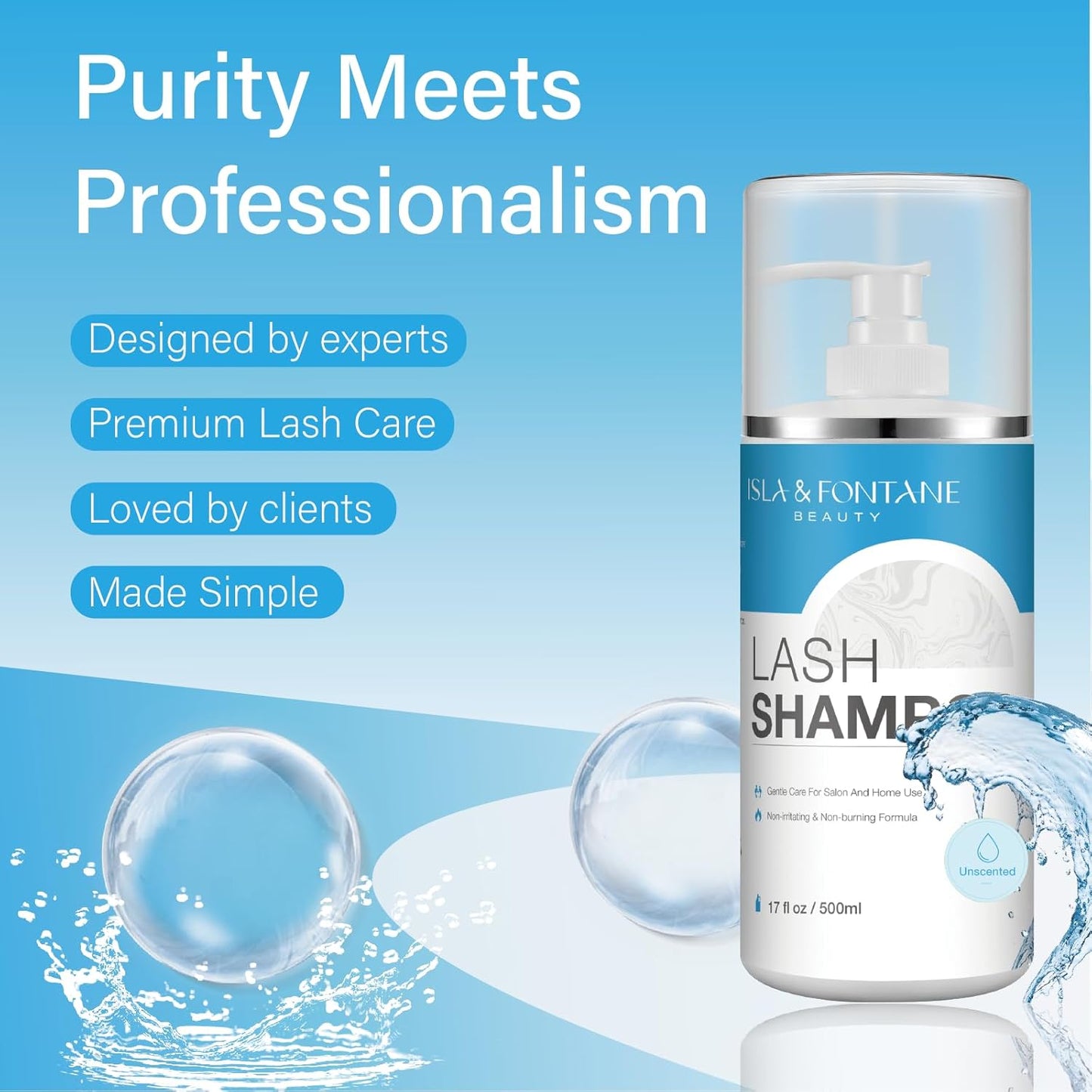 Isla & Fontane Lash Shampoo Bulk – Multi-Scent Series – 17 fl oz / 500ml | Gentle Eyelash Cleanser for Lash Extensions | Non-Irritating | Professional Lash Bath Foam For Salon And Home Use (Unscented)