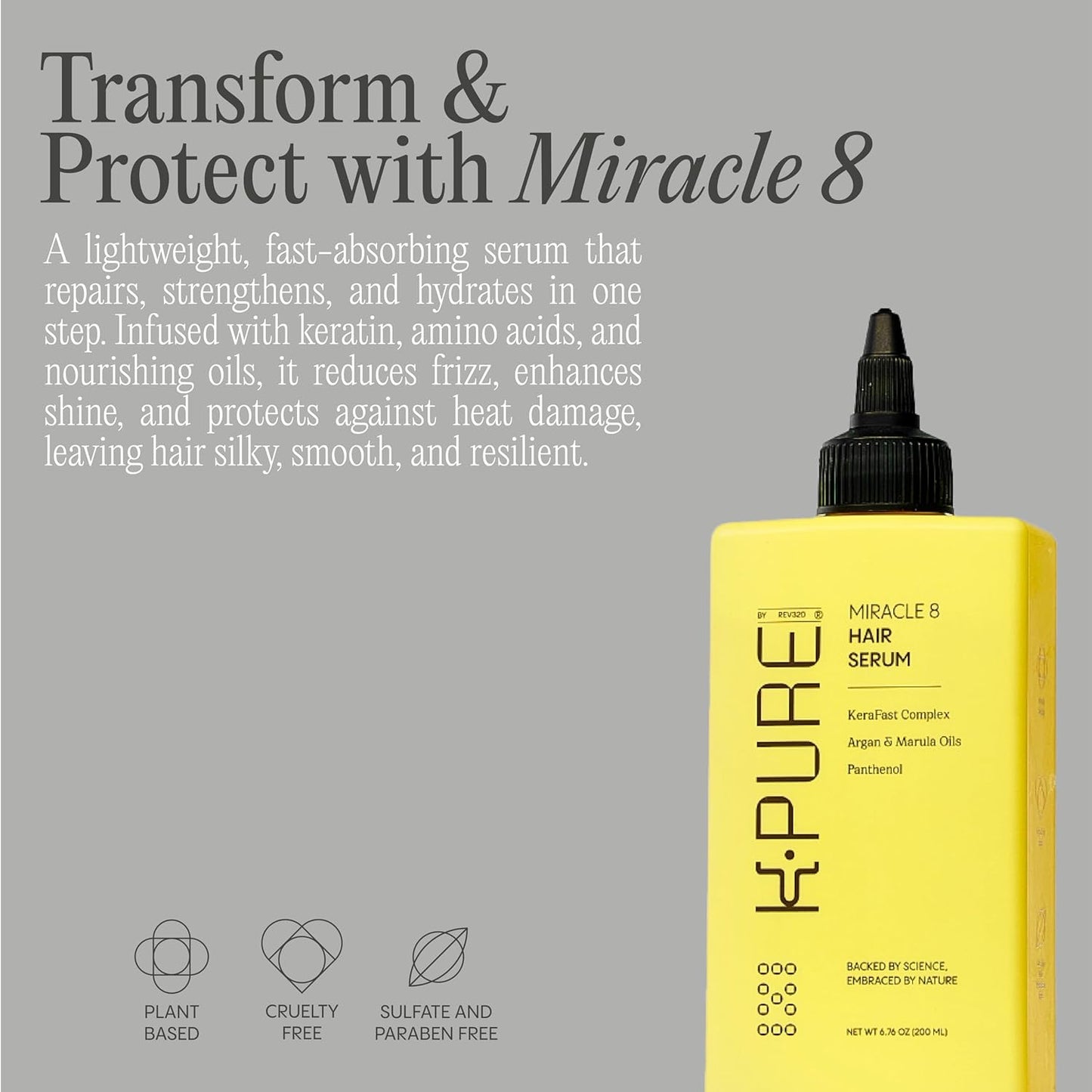 Miracle 8 Keratin Hair Serum by K-Pure, Instant Deep Conditioning Treatment, Sulfate & Paraben Free, Keratin & Argan Oil Growth Formula for Repairing Dry, Damaged Hair, Frizz Control, & Lasting Shine