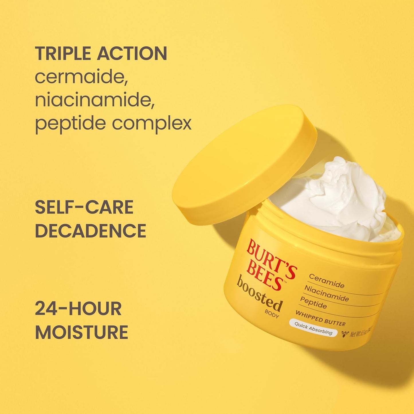 Burt's Bees Boosted Body Whipped Butter With a Ceramide, Niacinamide and Peptide Complex, Quick-Absorbing Body Butter Helps Support Skin Barrier, Tropical Scented, 6.5 oz. Jar