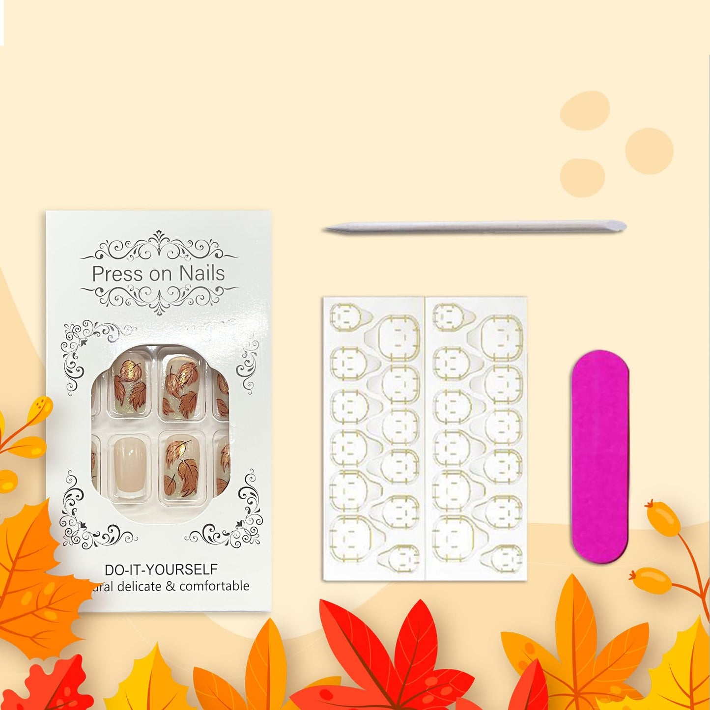 White French Tip Fall Press on Nails Medium Square Maple Leaf Fake Nails Glossy Thanksgiving Acrylic Glue on Nail Autumn Maple Leaves Artificial Stick on Nail for Women DIY Manicure