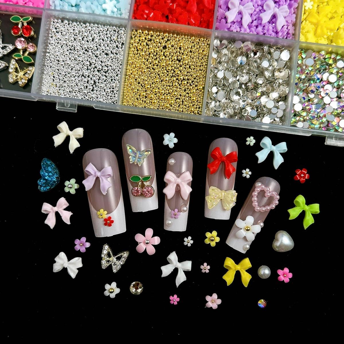 3D Colorful Flower Nail Charms, Flatback Pearl Bow Nail Charms and Gems, Alloy Cherry Butterfly Charms for Nails Design, Gold Caviar Beads Nail Rhinestones Manicure Charms for Practical DIY Tools