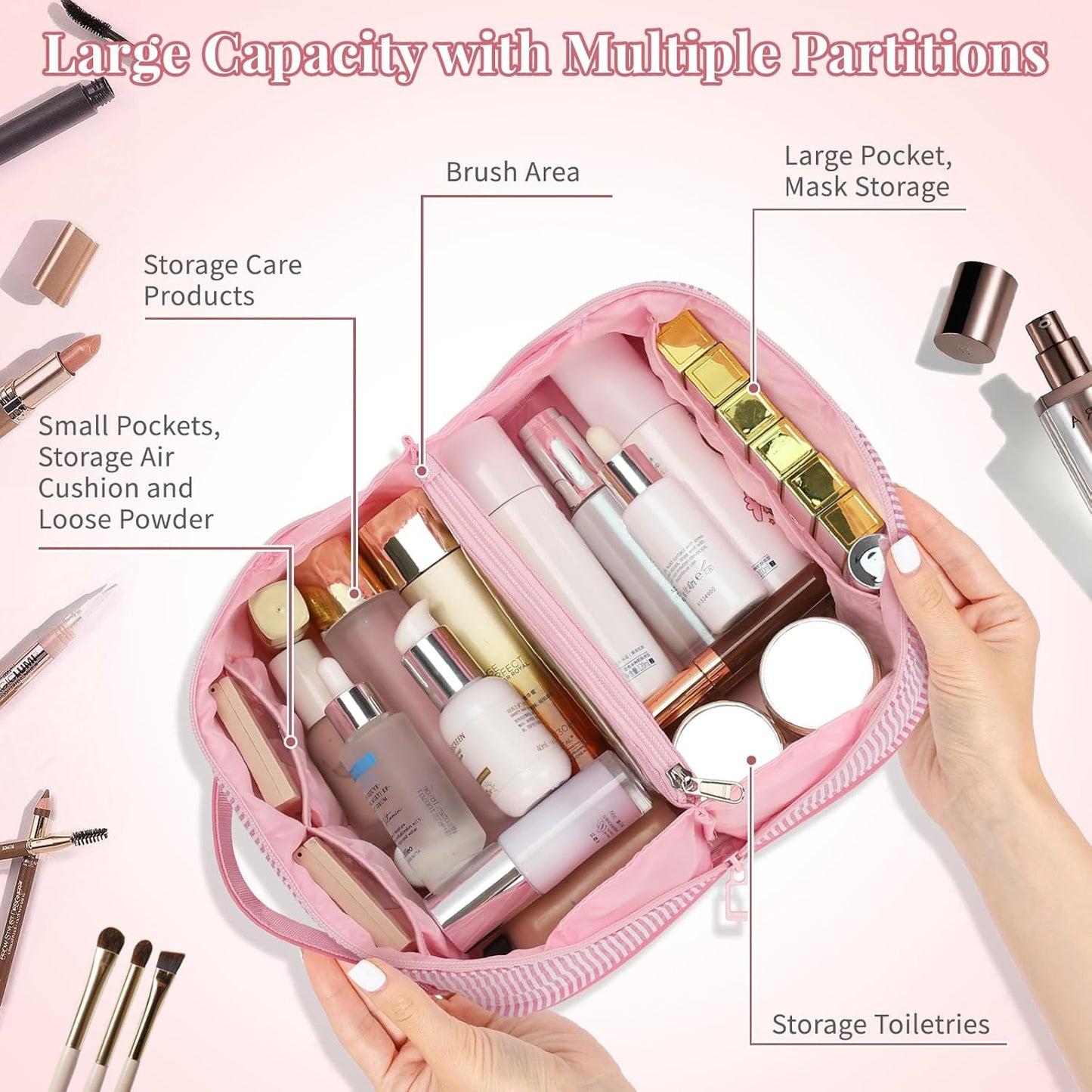 Travel Makeup Bag for Women, 2Pcs Portable Personalized Initial Makeup Organizer Bag, Open Flat Large Cosmetic Bag With Travel Essential Pouch (Pink Letter S)