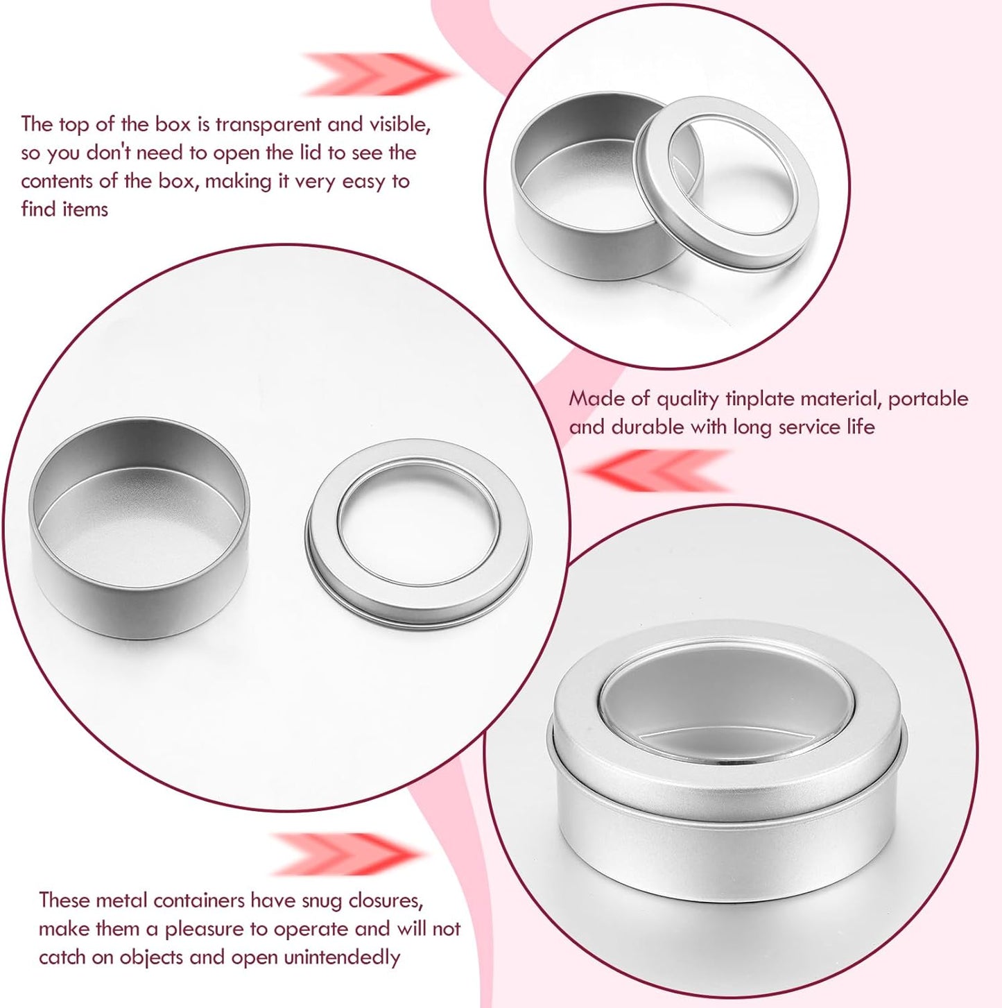 TecUnite 24 Pack 2 Ounce Metal Tin Cans Round Empty Container Salve Tins with Clear Lid for Kitchen, Office, Candles, Candies