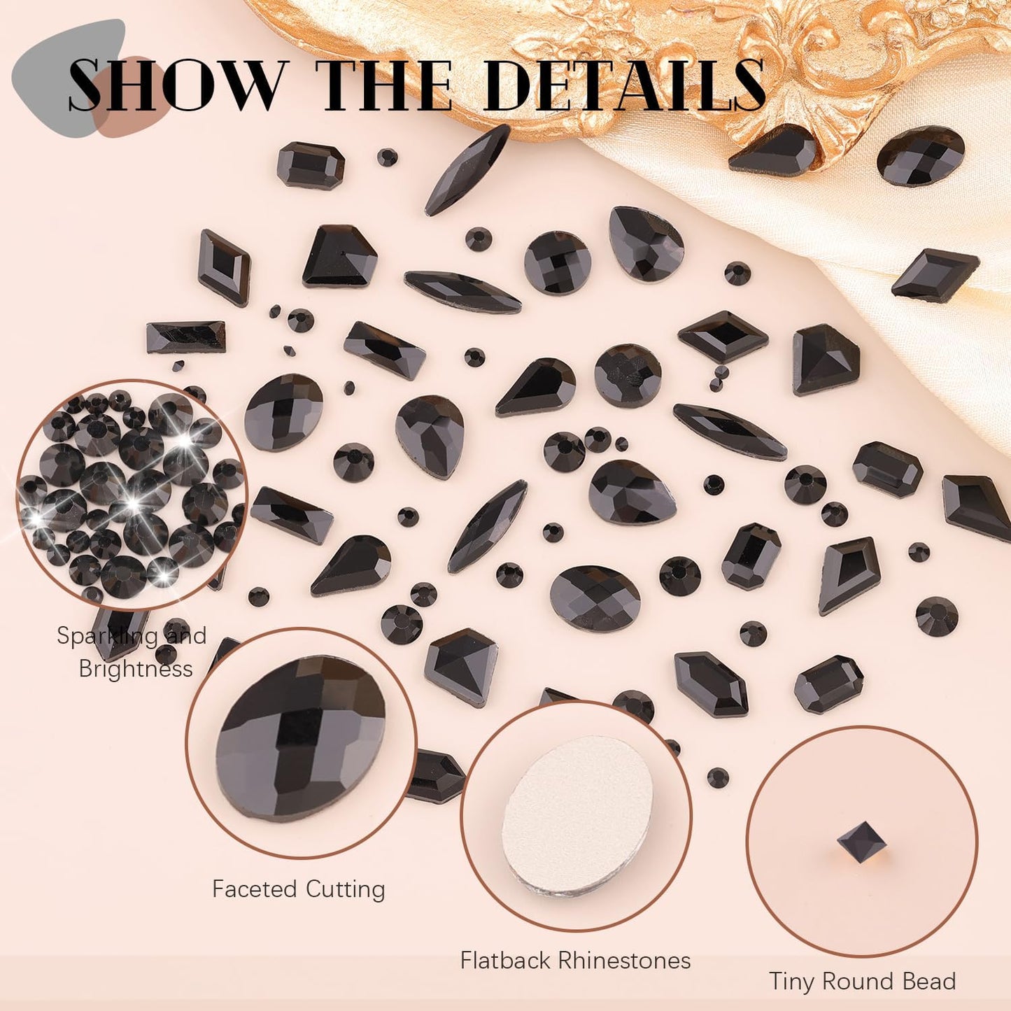 2680Pcs Black Glass Rhinestones 120Pcs Multi Shapes Flatback Gems + 2560Pcs 1.5-4mm Round Crystal, Manicure Charms Diamond Gemstones for Acrylic Nail Decoration
