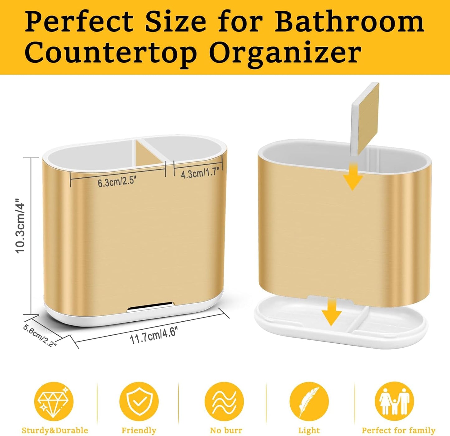 Chintu Toothbrush and Toothpaste Holder with Divider for Bathroom Countertop Organizer, Detachable for Easy Clean,Kids Electric Toothbrush Holders Storage Caddy for Family (Gold)