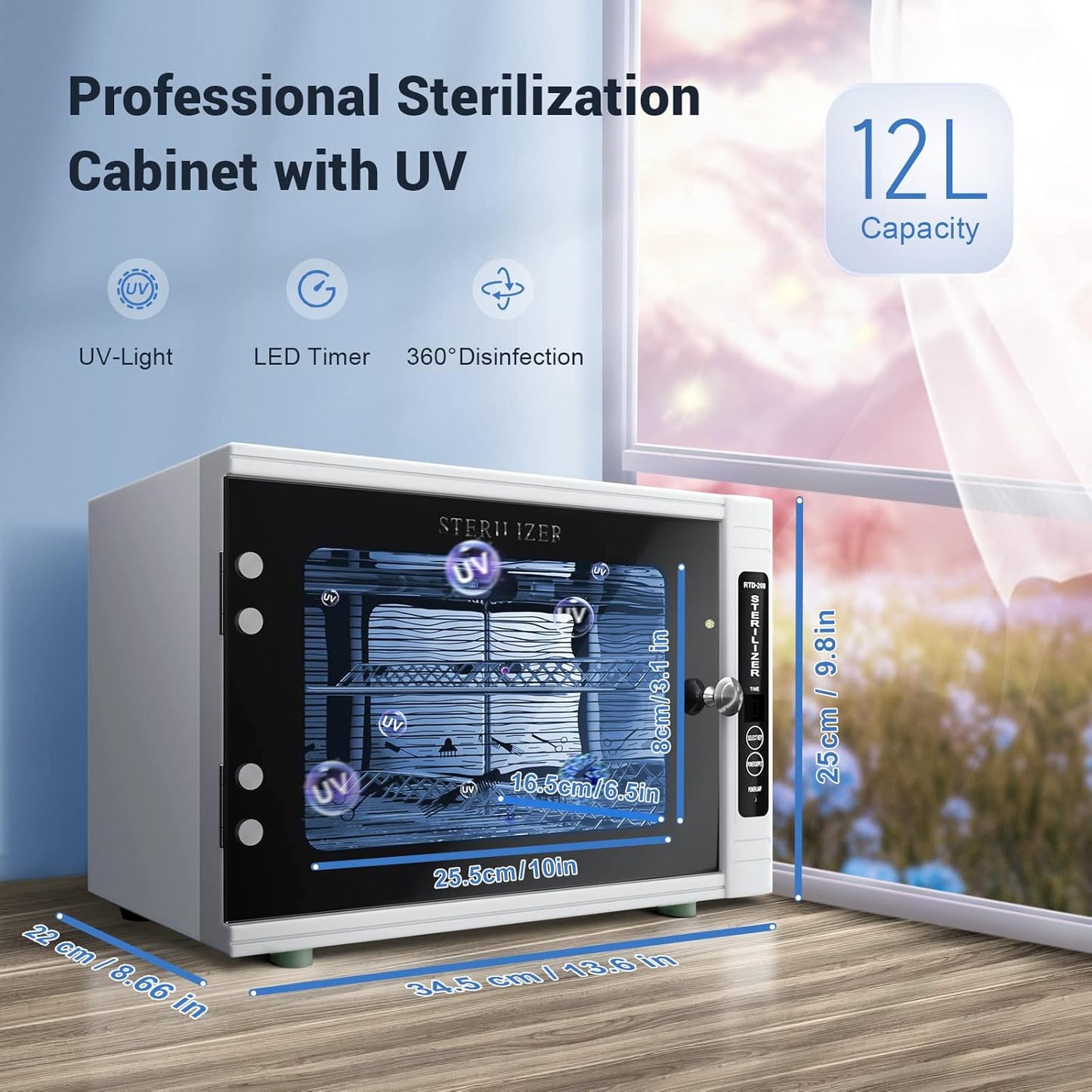 UV Sanitizing Cabinet (12L) Large Capacity - Metal Chemical-Free UVC Cleaner Box with Easy to Use Timer (5-60 Min) for Salon Tools, Manicure Supplies, Baby Bottles, Phones, Cutlery & More