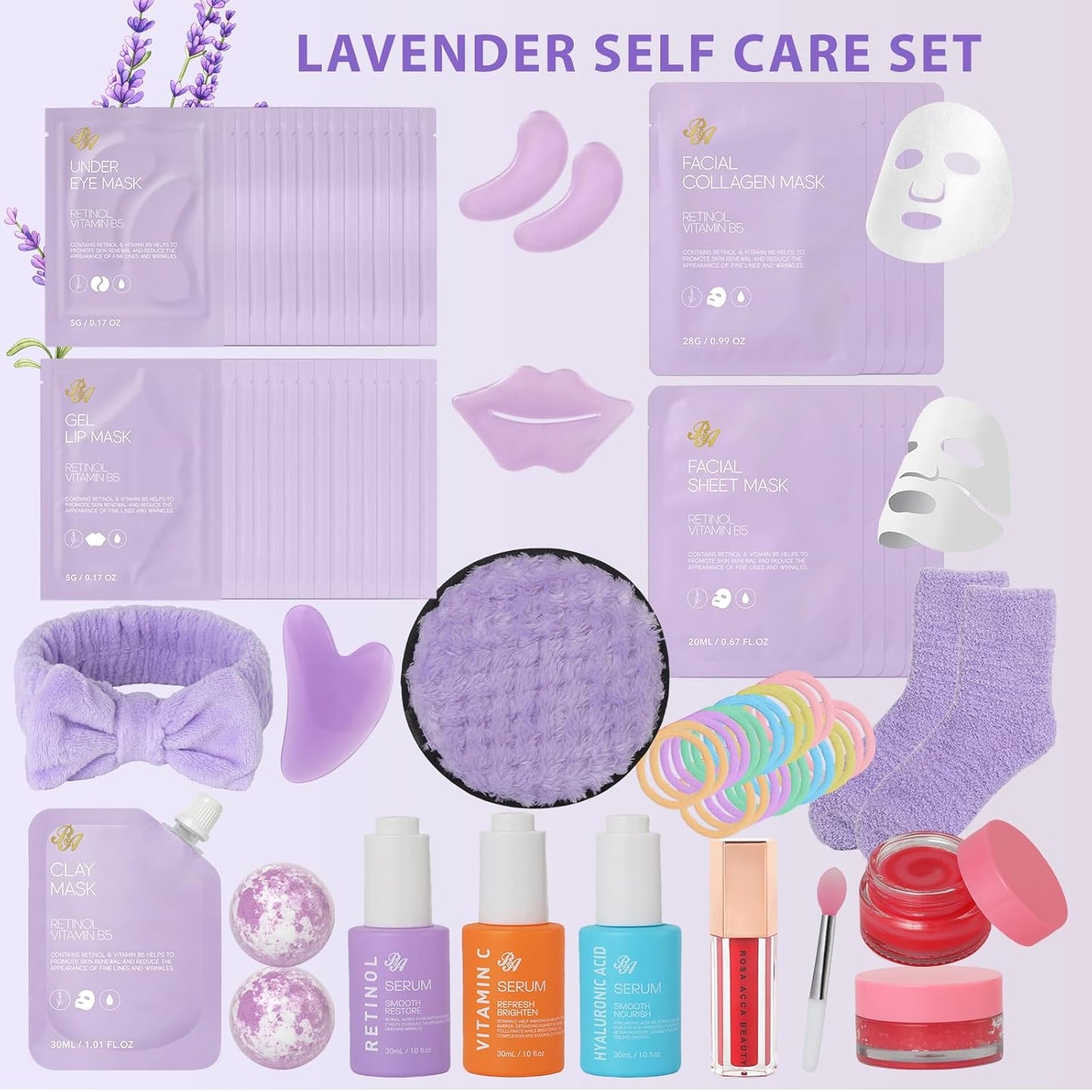 Lavender Face Sheet Mask Pack, 55Pcs Skin Care Kit for Women, Overnight Collagen Mask, Gel Lip Mask, Clay Mask, Hyaluronic Acid Face Serum, Spa Headband, Beauty Care, Christmas, Birthday, Mother Day