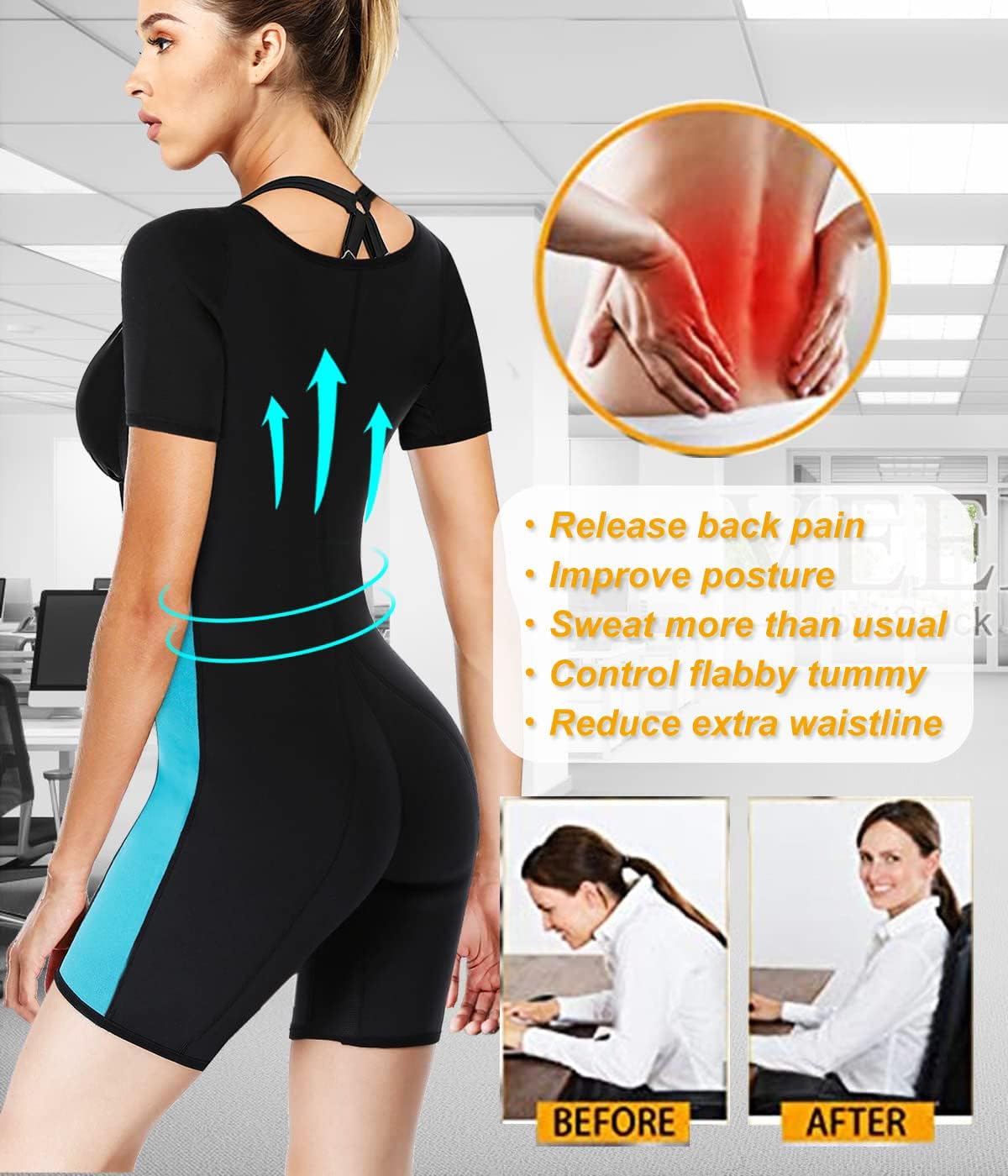 NonEcho Neoprene Sweat Sauna Suit Shaper for Women Slimming Full Body Shapewear Waist Trainer Workout Top with Sleeve