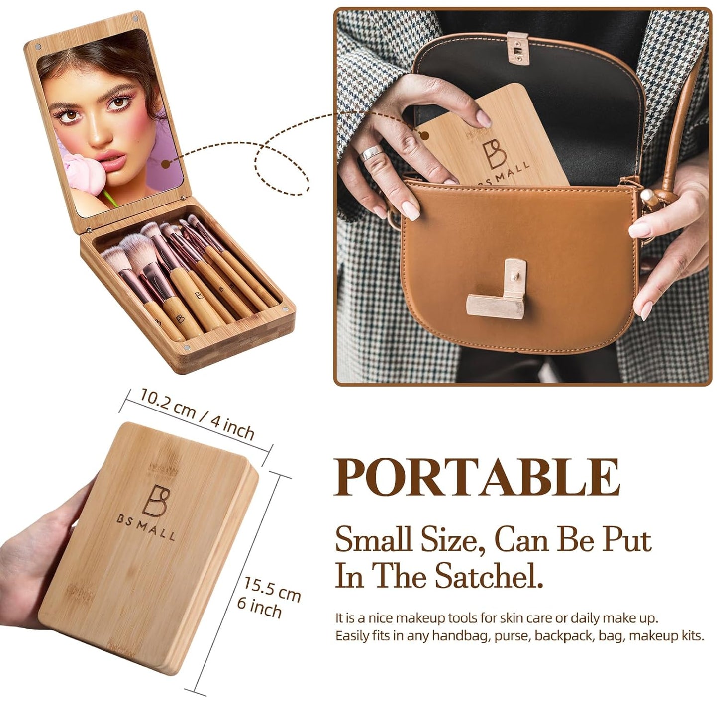 BS-MALL Travel Makeup Brush Set Kabuki Brushes Bamboo- Includes Eyeshadow Blush Brush & Foundation Brush For Liquid Makeup - 5X Magnifier Bamboo Mirror Case For Travel or On the Car Daily Use