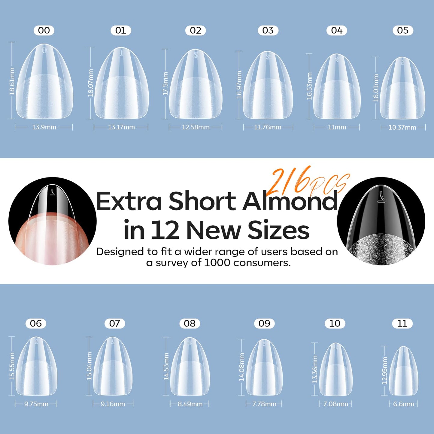 modelones Extra Short Almond Gel Nail Tips Kit, 9-in-One Nail Glue with Portable U V Lamp 216Pcs 12Sizes Pre-Etched Press ons Fake Acrylic Extension Kit DIY Salon Gift for Women